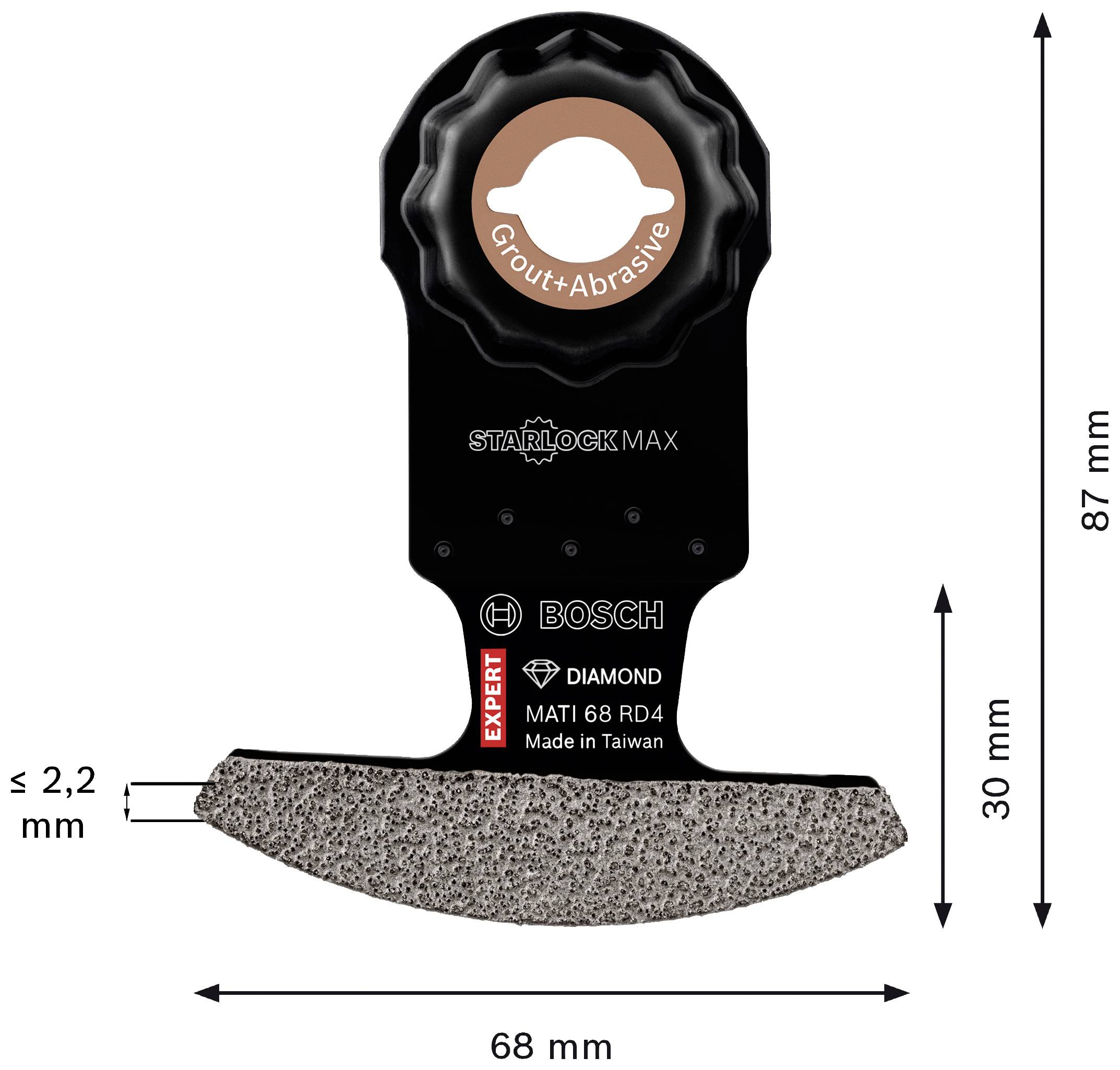 Lame de scie segment 'Bosch Starlock Max' pour joints ; Dimensions : largeur 68 mm, hauteur 87 mm, épaisseur ≤ 2,2 mm. Applications : joints, ponçage.