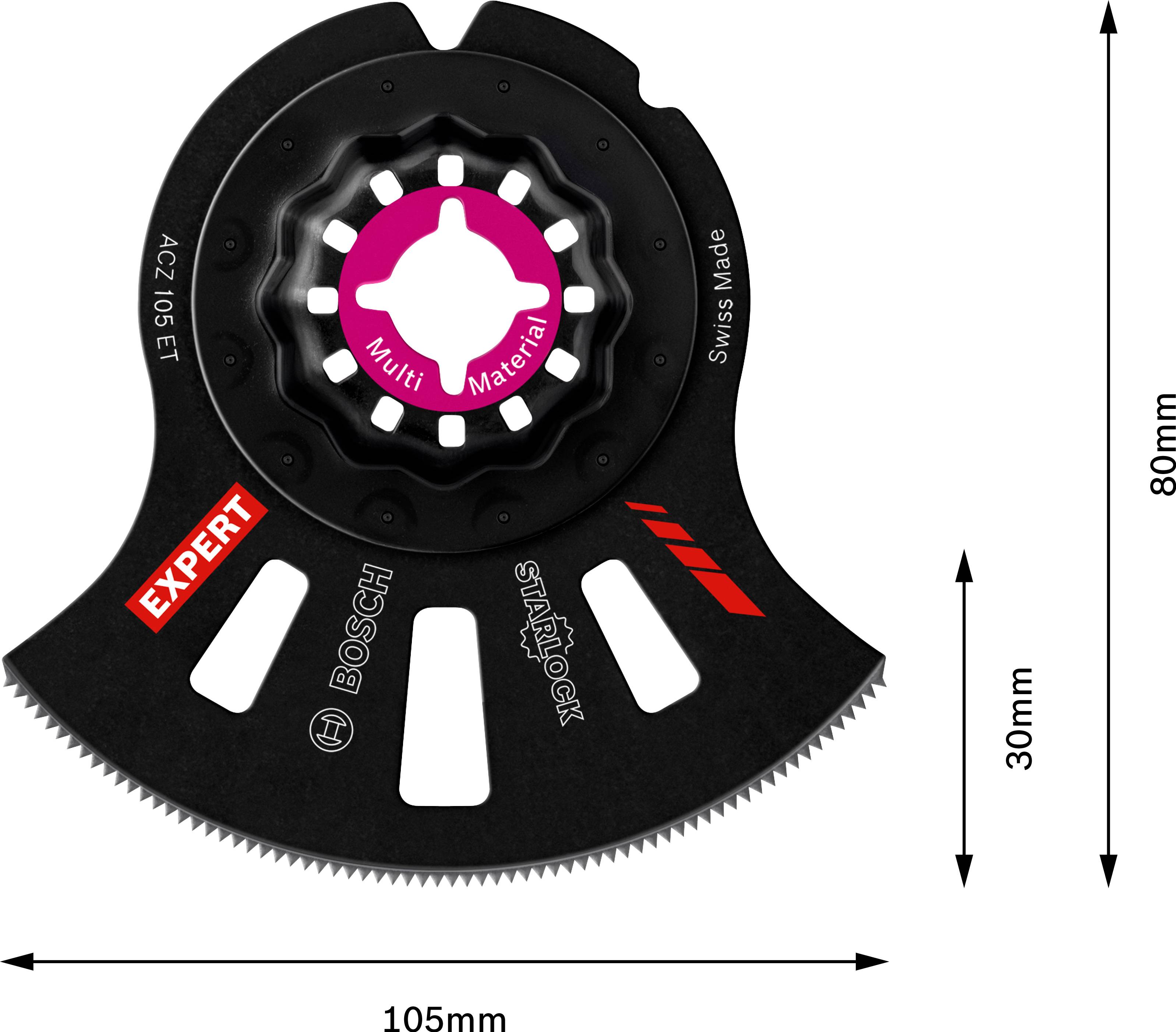 Lame de scie Bosch noir-argenté avec écusson rouge 'EXPERT', diamètre 105mm, adaptée pour multi-matériaux, avec indications de mesures.
