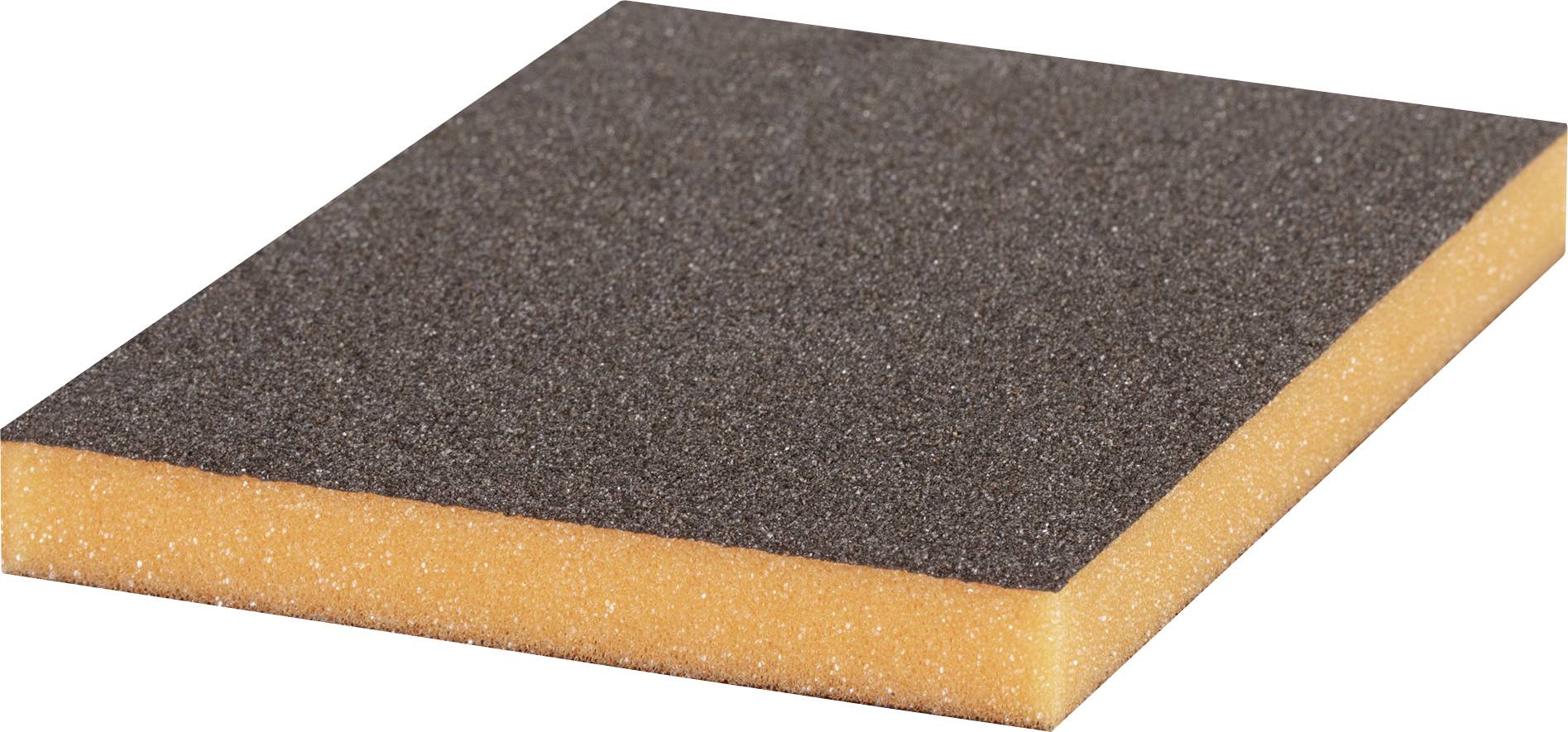 Une éponge abrasive rectangulaire avec une surface de ponçage noire et un noyau orange, adaptée au traitement des surfaces.