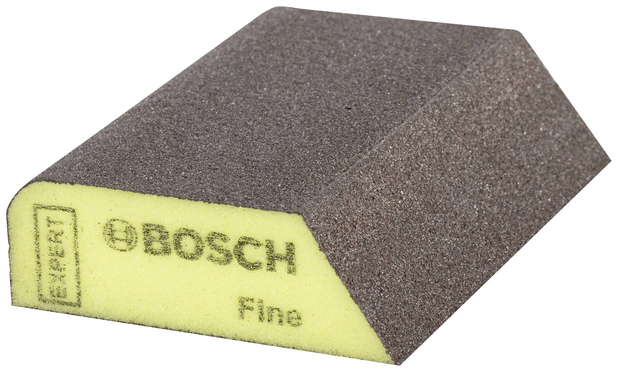 Une éponge abrasive avec un noyau jaune et une surface grise, imprimée avec 'Bosch Expert Fine', adaptée pour le ponçage fin des surfaces.