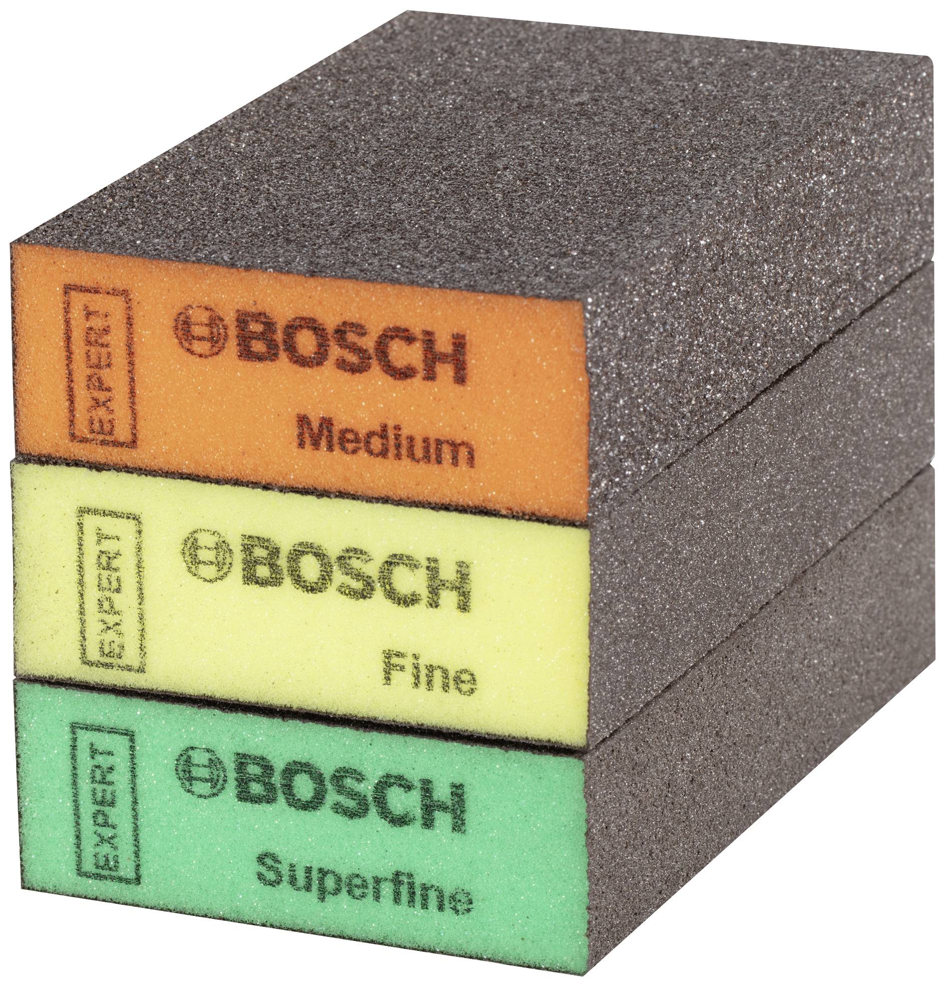 Trois éponges abrasives Bosch étiquetées 'Moyen', 'Fin' et 'Super Fin', empilées en orange, jaune et vert.