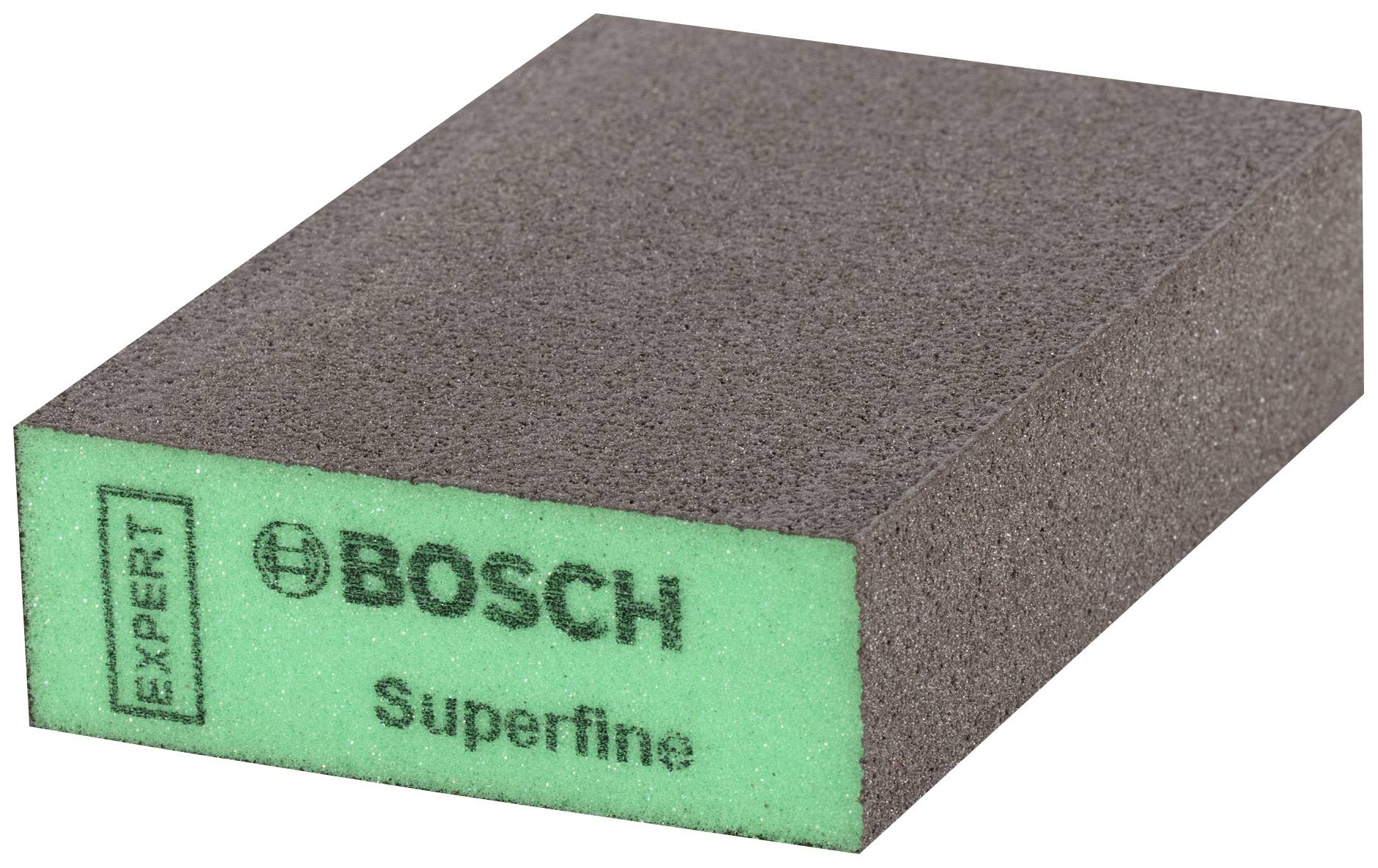 Éponge abrasive rectangulaire de la marque Bosch portant l'inscription 'Expert Superfine', de couleur verte et marron, conçue pour un ponçage fin.