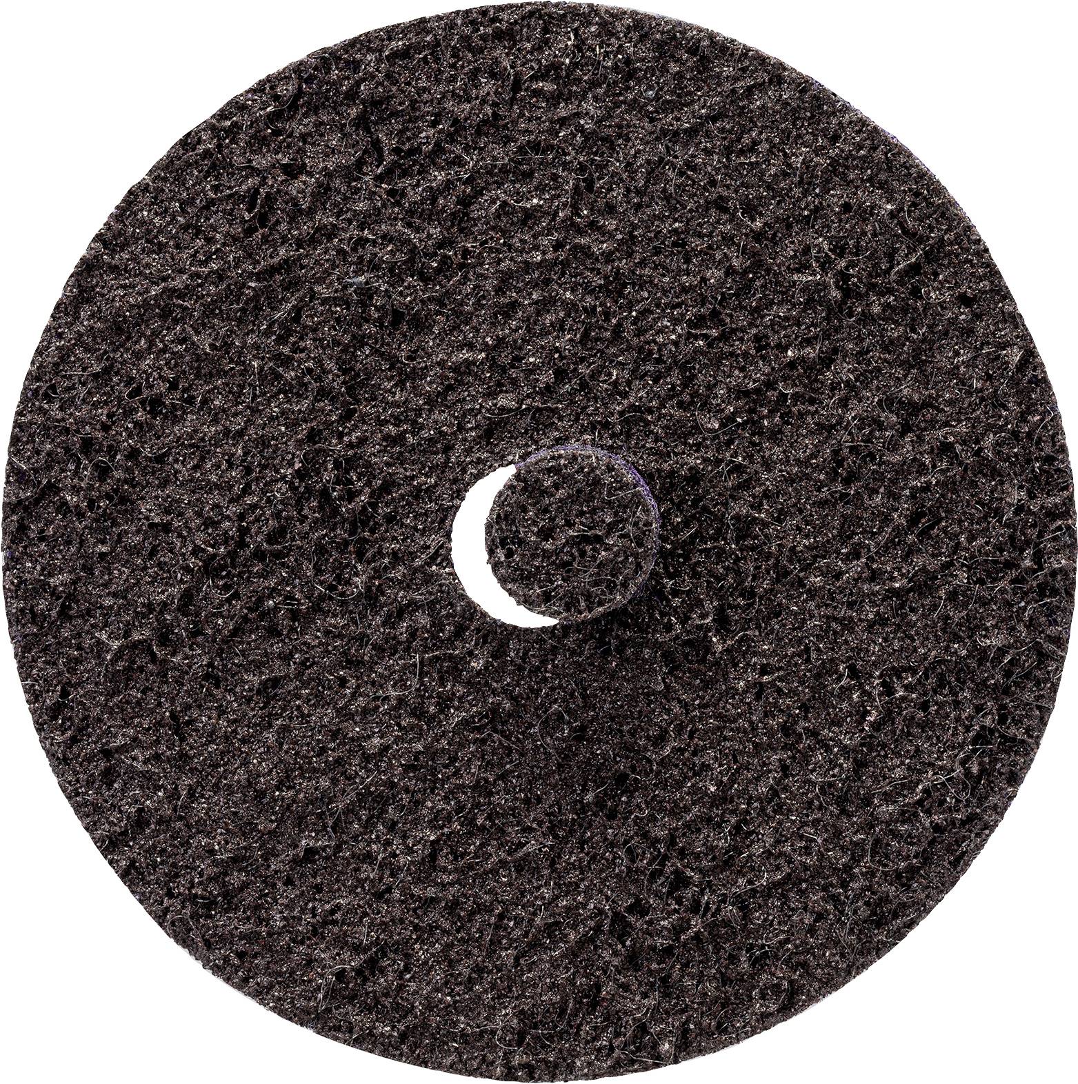 Un disque abrasif rond en matériau noir avec un trou central, utilisé pour des travaux de finition sur différentes surfaces.
