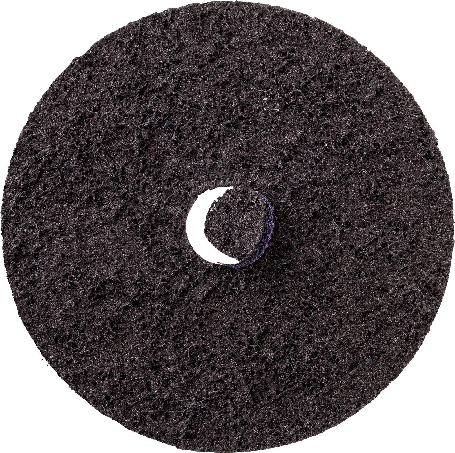 Éponge de nettoyage ronde noire, texture grossière, adaptée au nettoyage ou au polissage de surfaces.