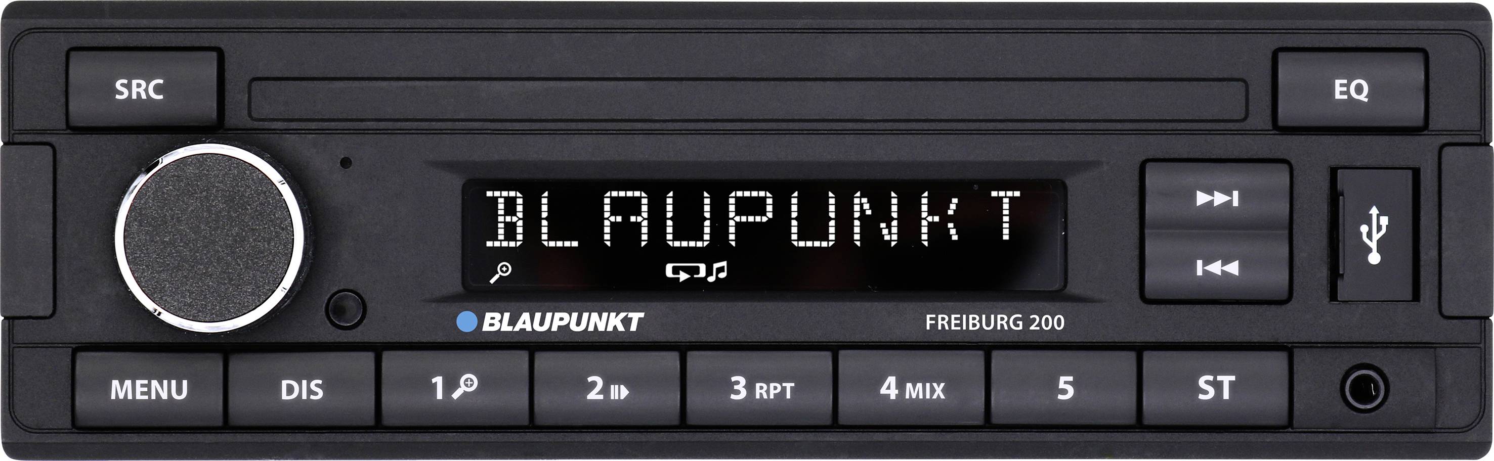 Autoradio avec affichage indiquant 'BLAUPUNKT'. Touches pour les menus, la sélection des stations et port USB présents. Modèle 'Freiburg 200'.