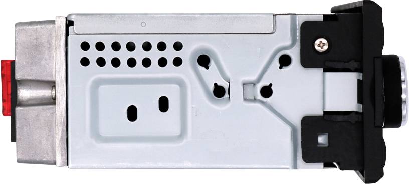 Vue latérale d'un appareil électronique avec un boîtier métallique, des fentes de ventilation et des connexions.