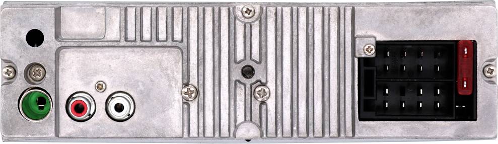 Vue arrière d'un autoradio avec des prises et des emplacements pour les câbles d'antenne et de haut-parleurs. À gauche : prises vertes, rouges et blanches. À droite : bloc de connexion rectangulaire.