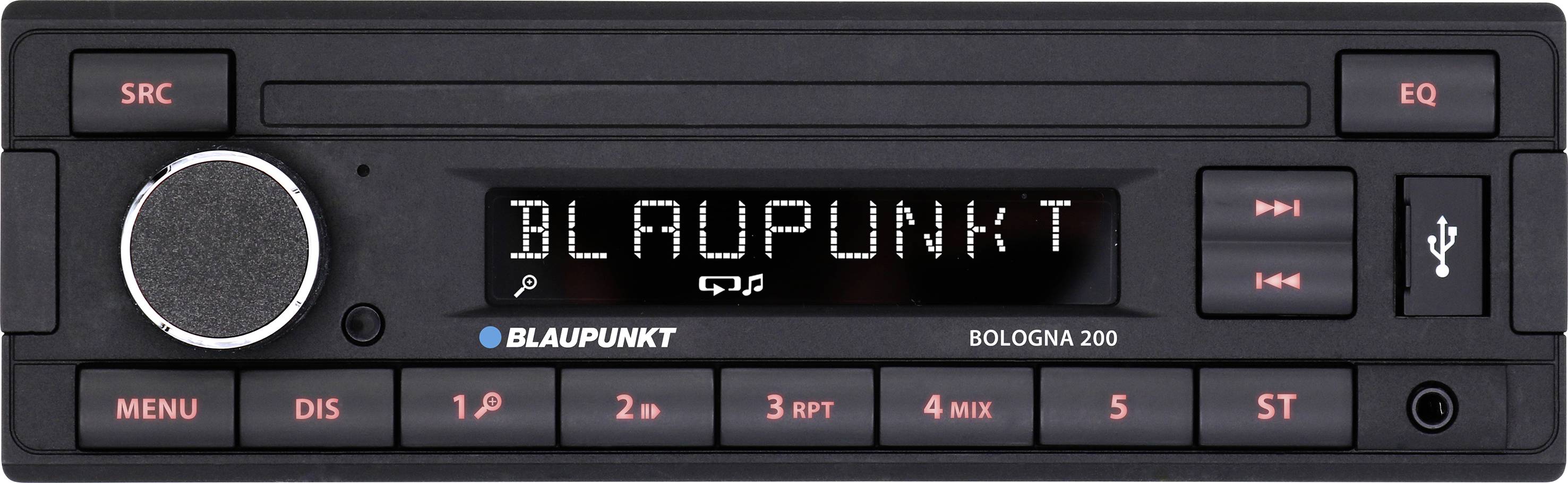 Autoradio Blaupunkt Bologna 200, affiche 'BLAUPUNKT' sur l'écran. Touches de commande : SRC, EQ, Menu, Port USB, Lecteur de cartes.