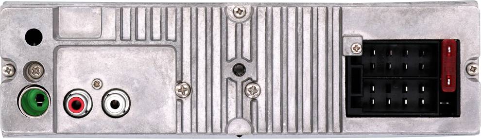 Vue arrière d'un autoradio argenté avec différentes connexions, comprenant notamment une entrée d'antenne et des sorties audio.