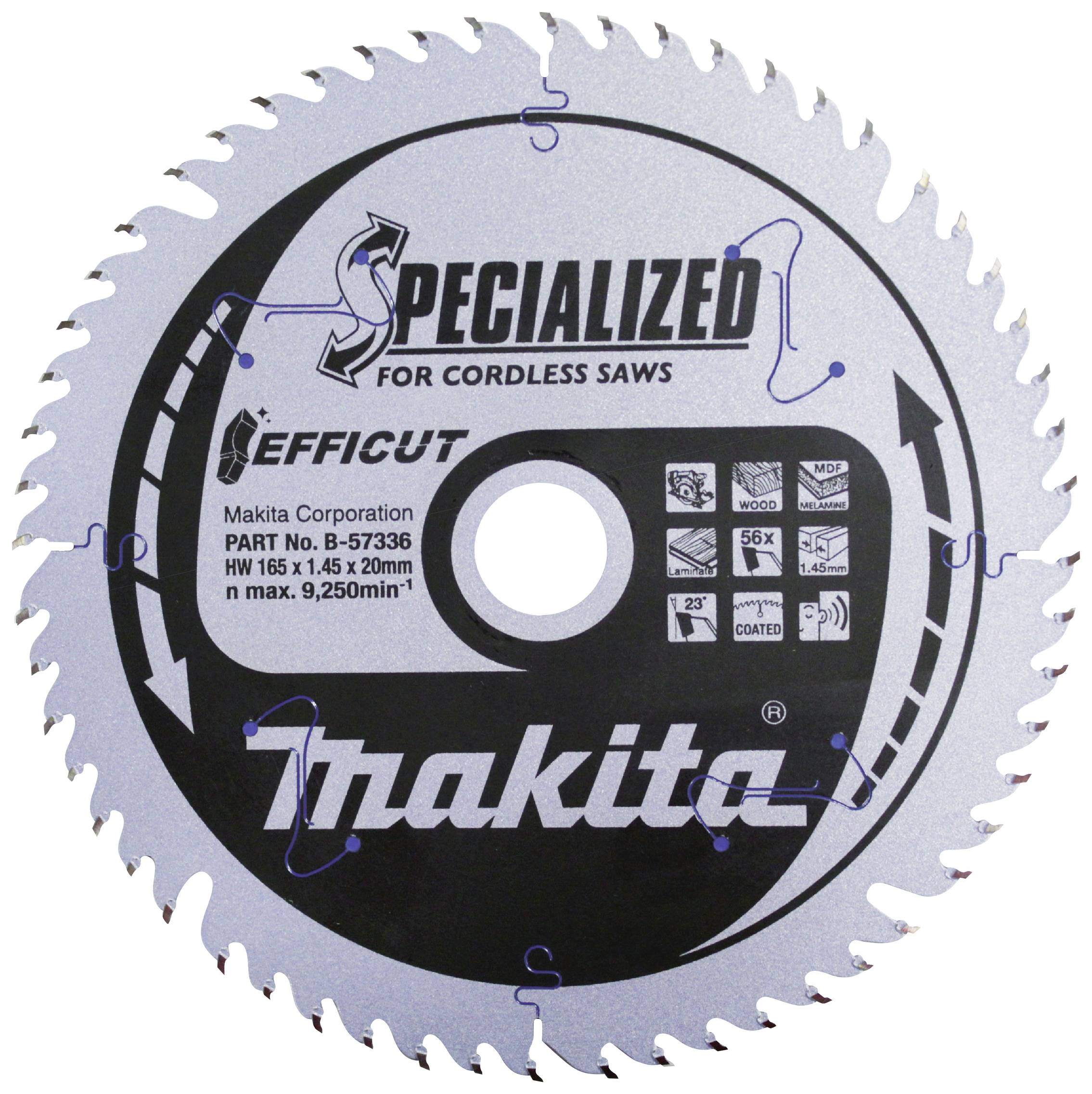 Lame de scie circulaire 'Makita' pour scies sans fil, modèle B-57336, diamètre 165 mm, puissance max. 9 250 tr/min, adapté pour le bois.