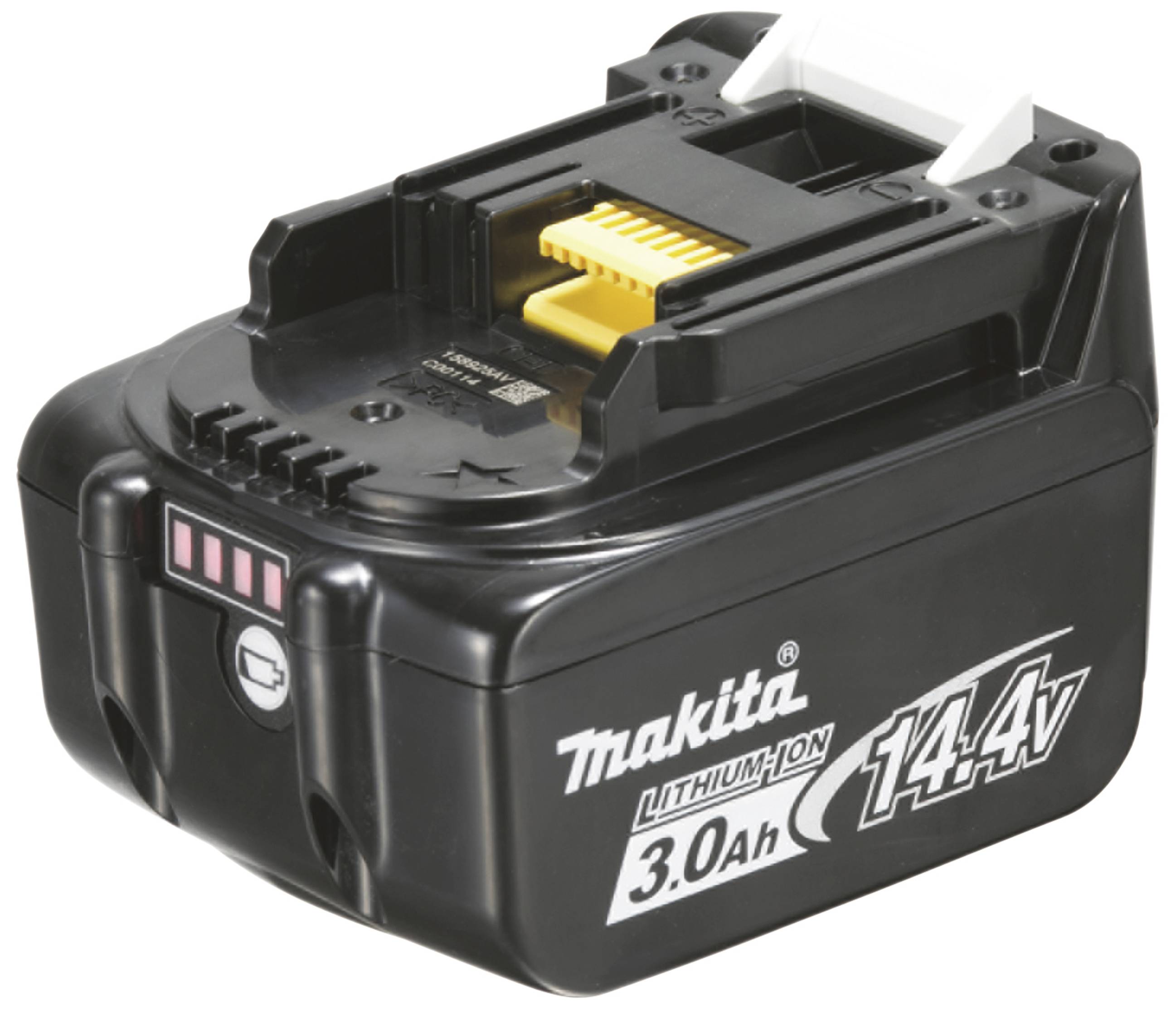 Batterie lithium-ion noire de la marque Makita portant l'inscription « 3,0 Ah 14,4 V ».