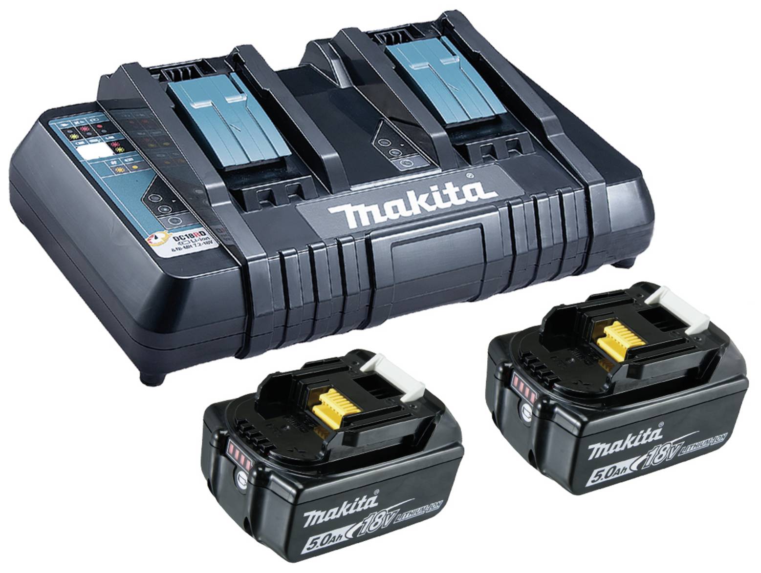 Chargeur pour deux batteries et deux batteries noires 18V de la marque Makita. Adapté aux outils. Batteries côte à côte devant le chargeur.