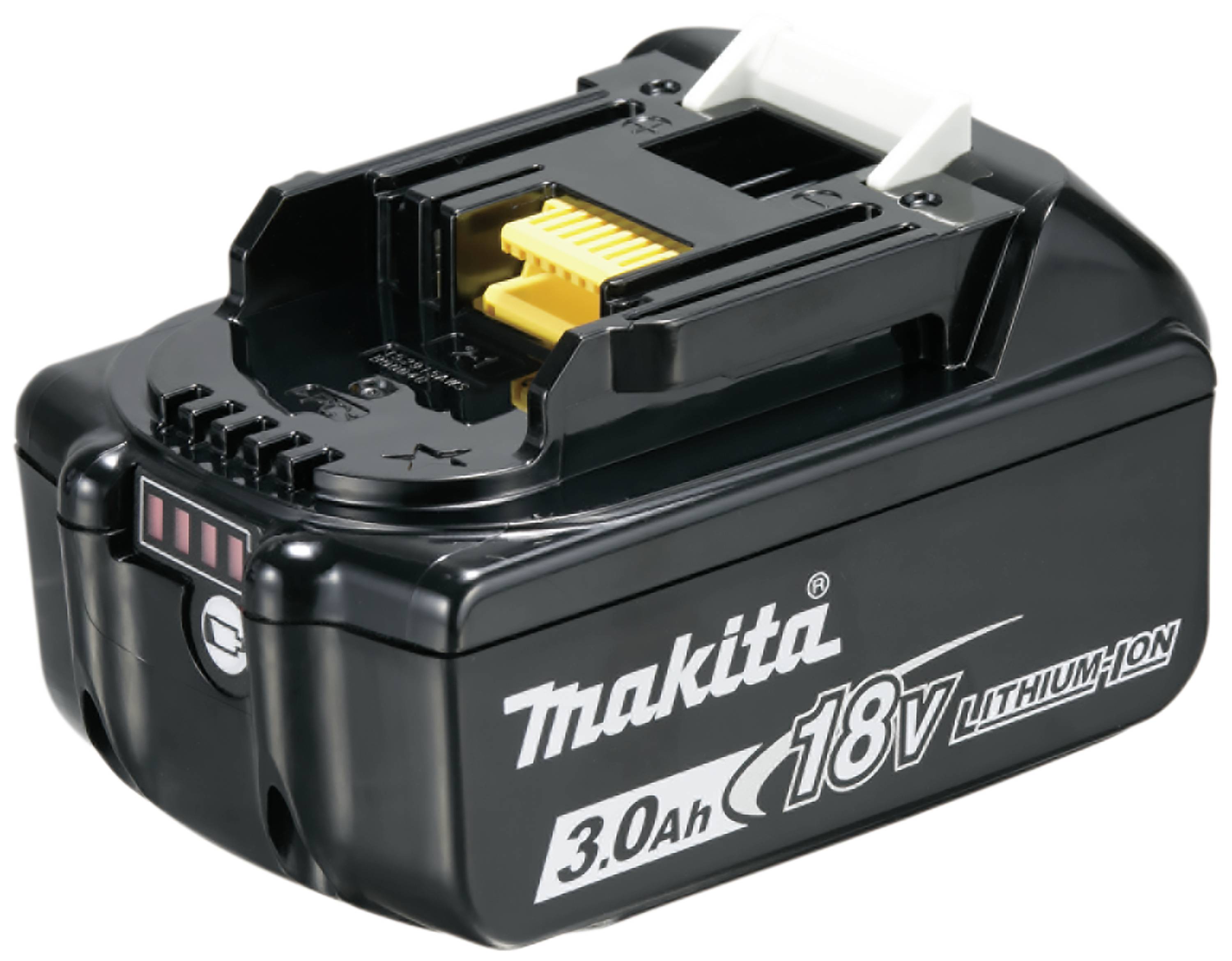 Un battery noir Makita 18V Lithium-ion avec une capacité de 3,0 Ah.