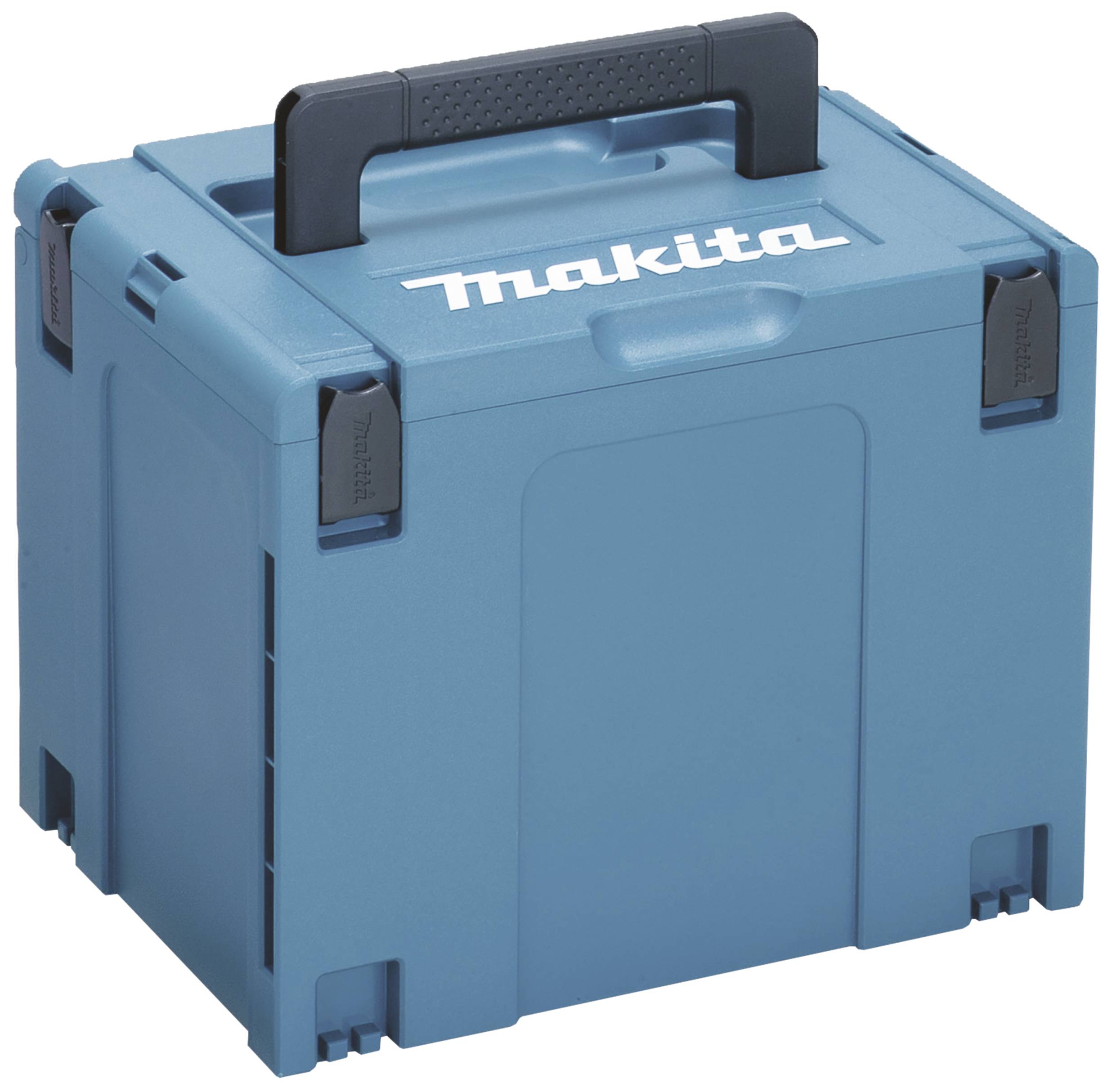 Boîte à outils bleue avec poignée noire et logo 'Makita' sur le devant.
