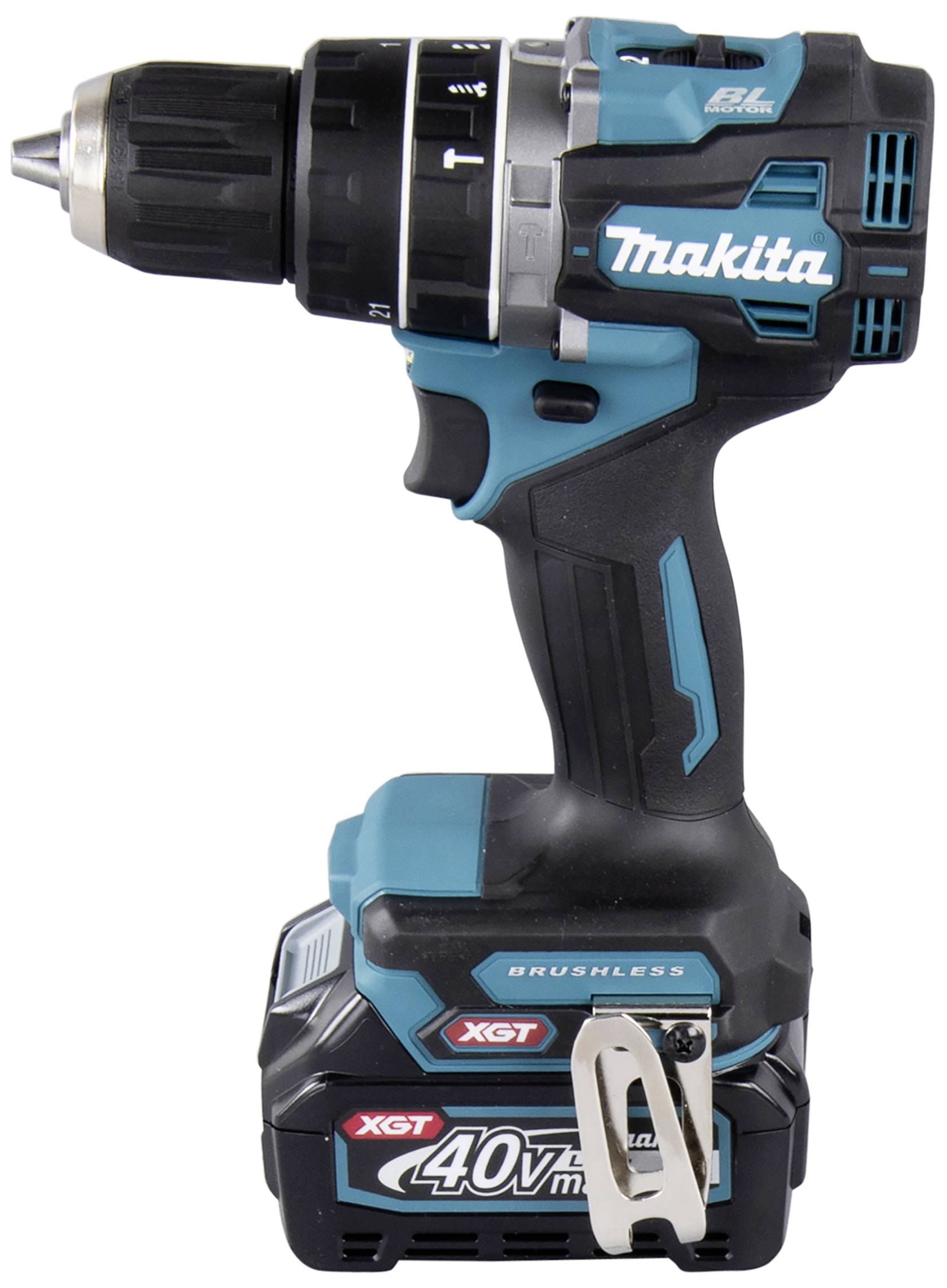 Perceuse sans fil Makita avec boîtier bleu et noir. Inscription 'Makita' et '40Vmax'.