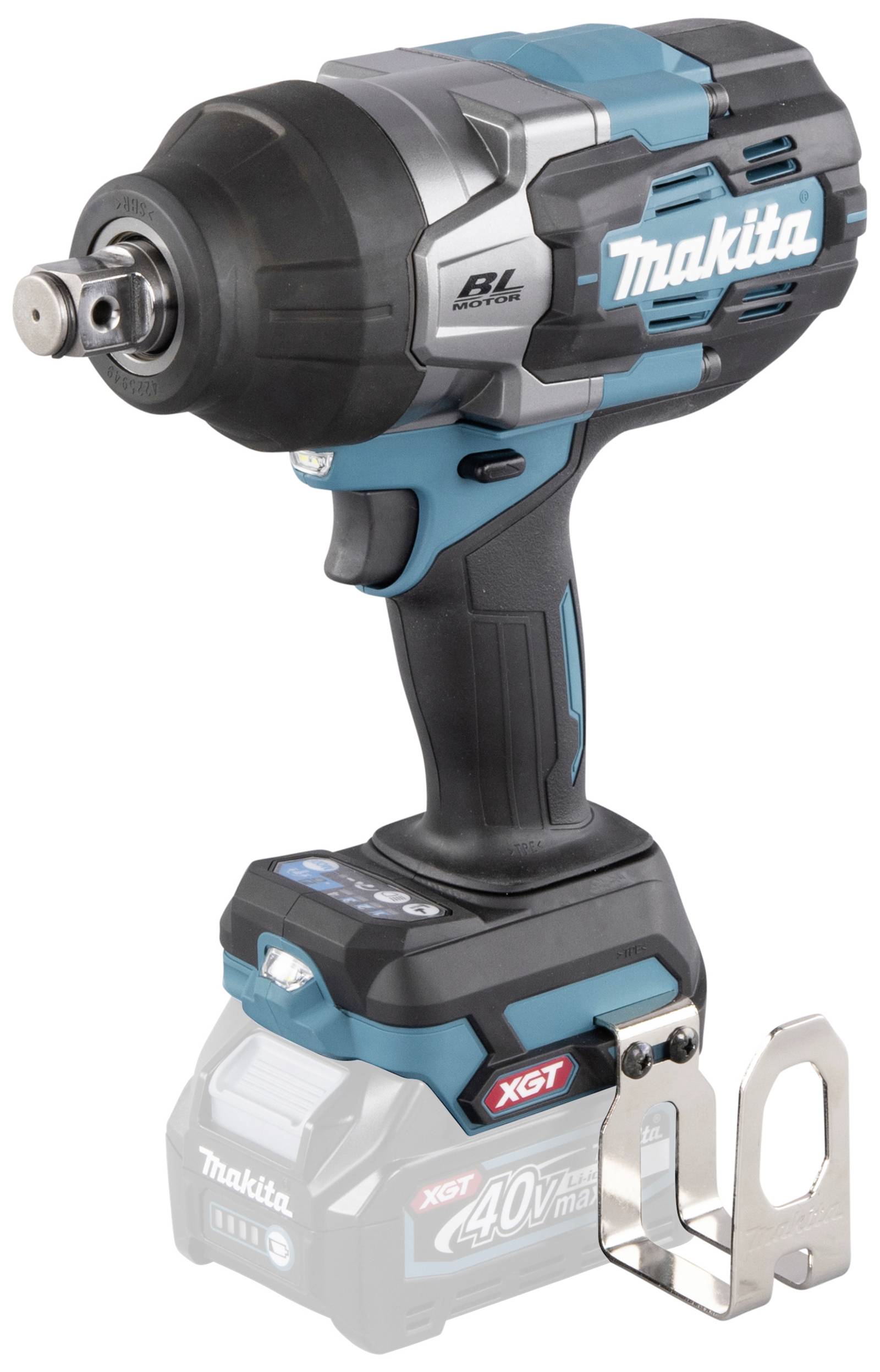 Visseuse à chocs en bleu et noir avec batterie lithium-ion 40V de Makita. Adaptée aux travaux de vissage intensifs.