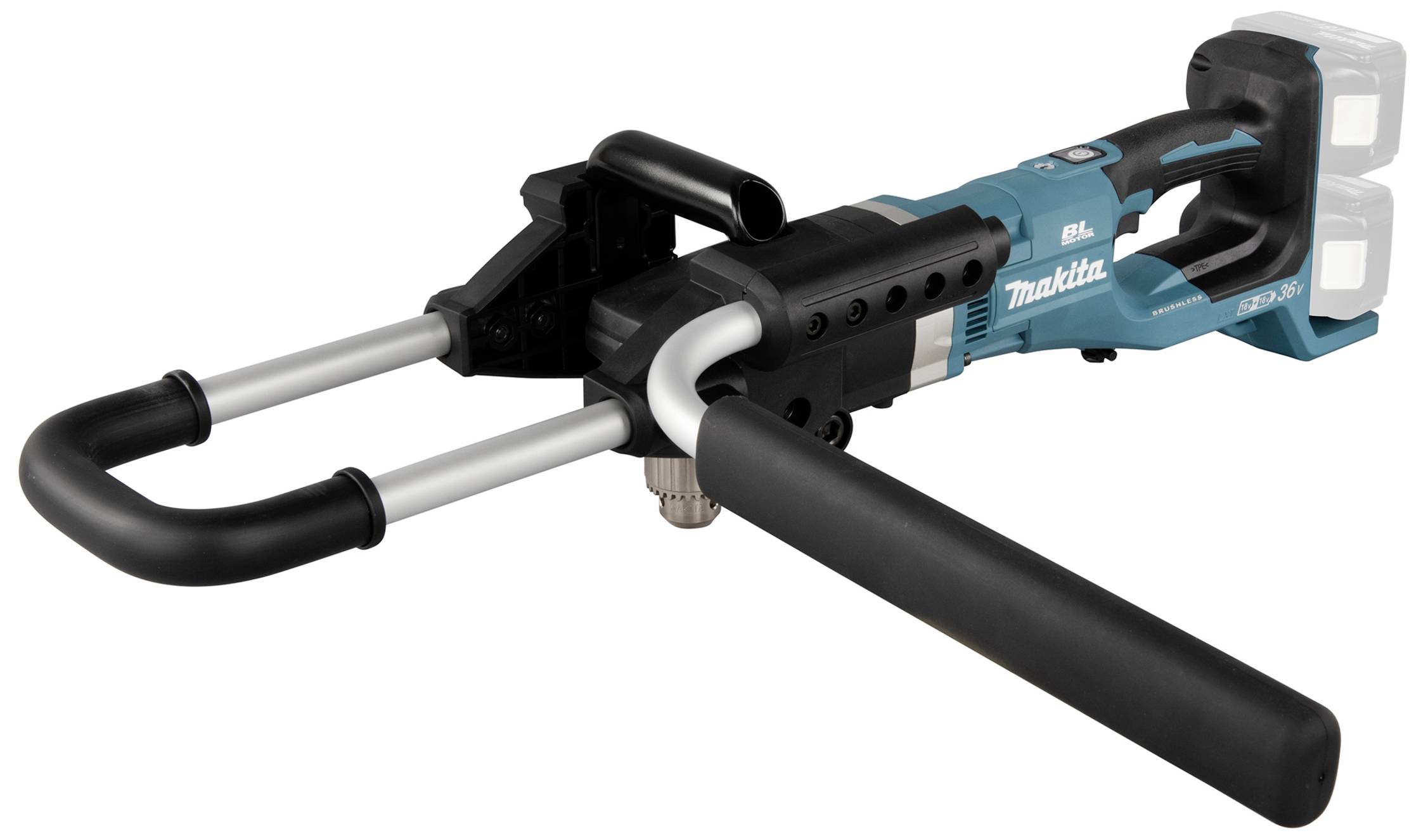 Un outil de cintrage de tubes alimenté par batterie, de couleur bleu-noir, doté d'une poignée ergonomique, adapté à une utilisation dans le secteur de la construction.