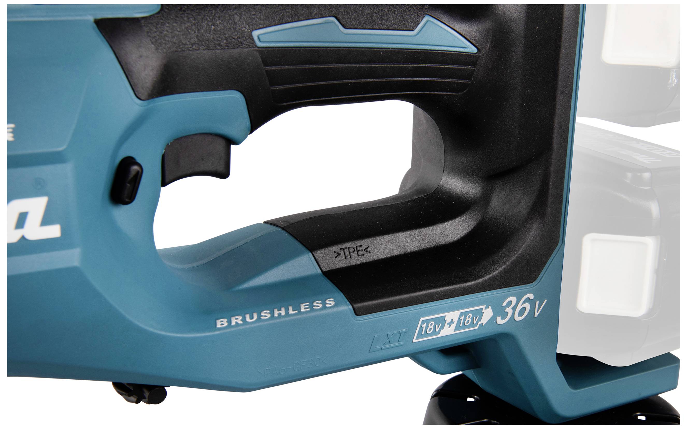 Poignée d'un outil électrique bleu portant l'inscription 'BRUSHLESS' et un affichage indiquant 18V + 18V égal 36V.