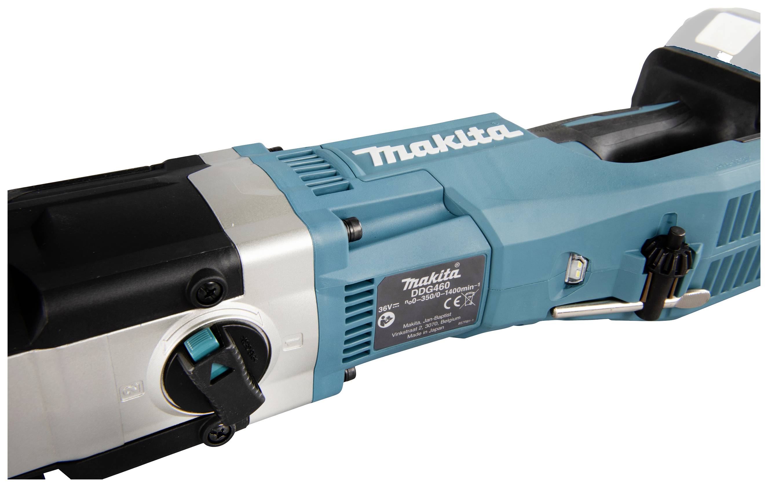 Un meuleuse d'angle Makita bleue avec une poignée noire et un interrupteur électrique. Numéro de modèle : DGA504.