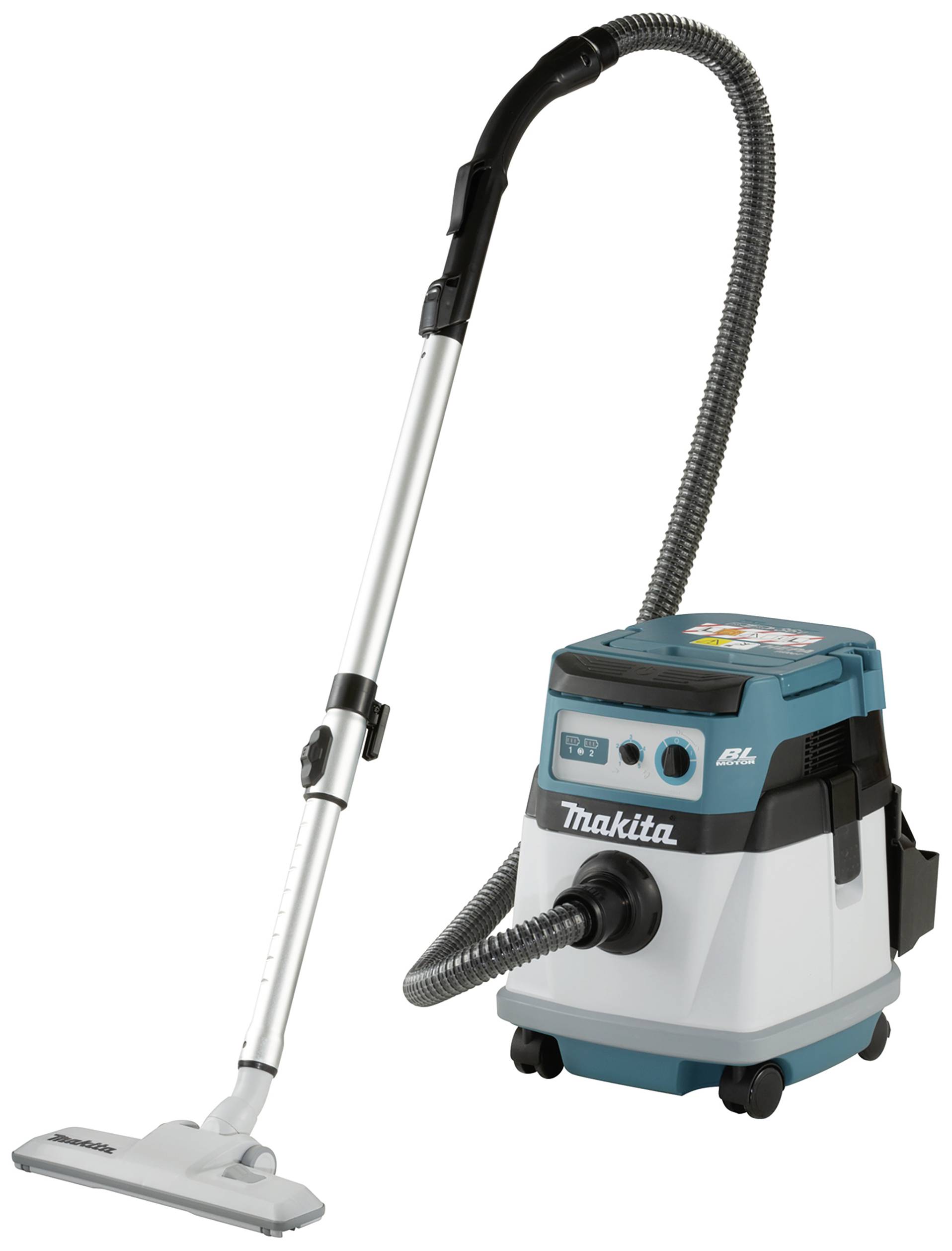 Un aspirateur doté d'un long tuyau flexible et d'un boîtier bleu et blanc. Nom de la marque sur la face avant.