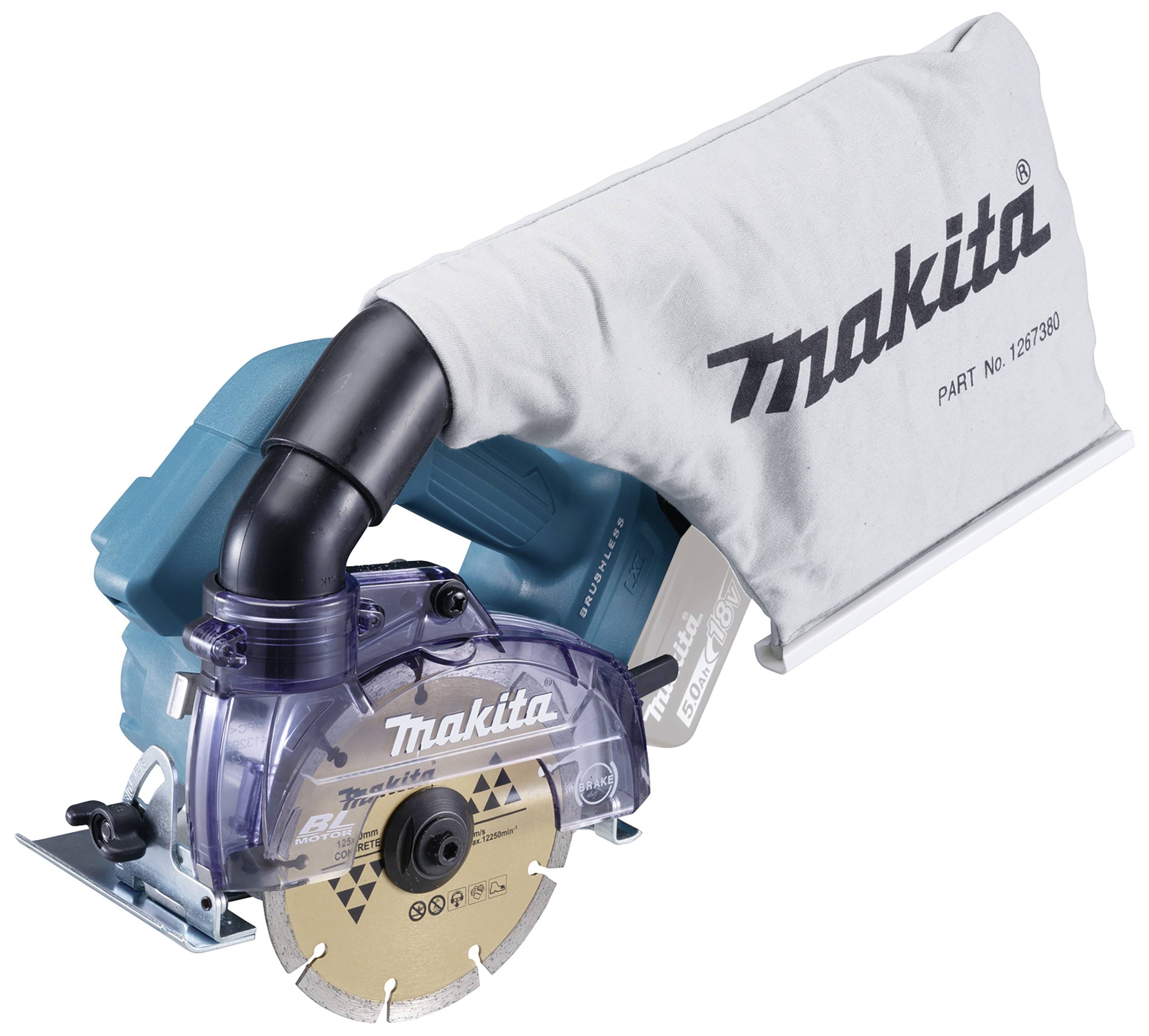 Outil électrique à couvercle bleu portant l'inscription 'makita', avec un sac à poussière sur le dessus.