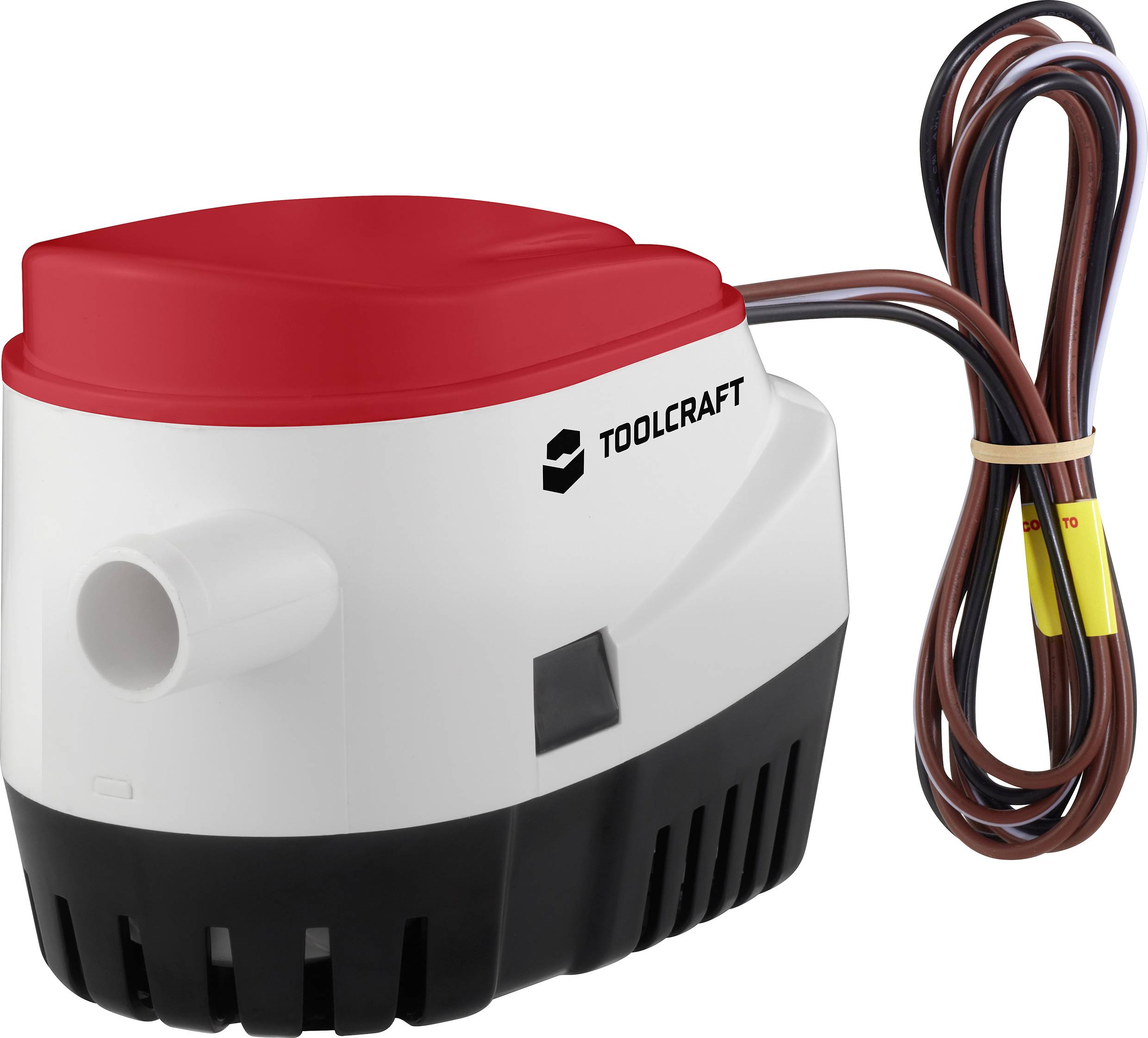 Une pompe à eau électrique blanche et rouge de Toolcraft avec un câble secteur marron.