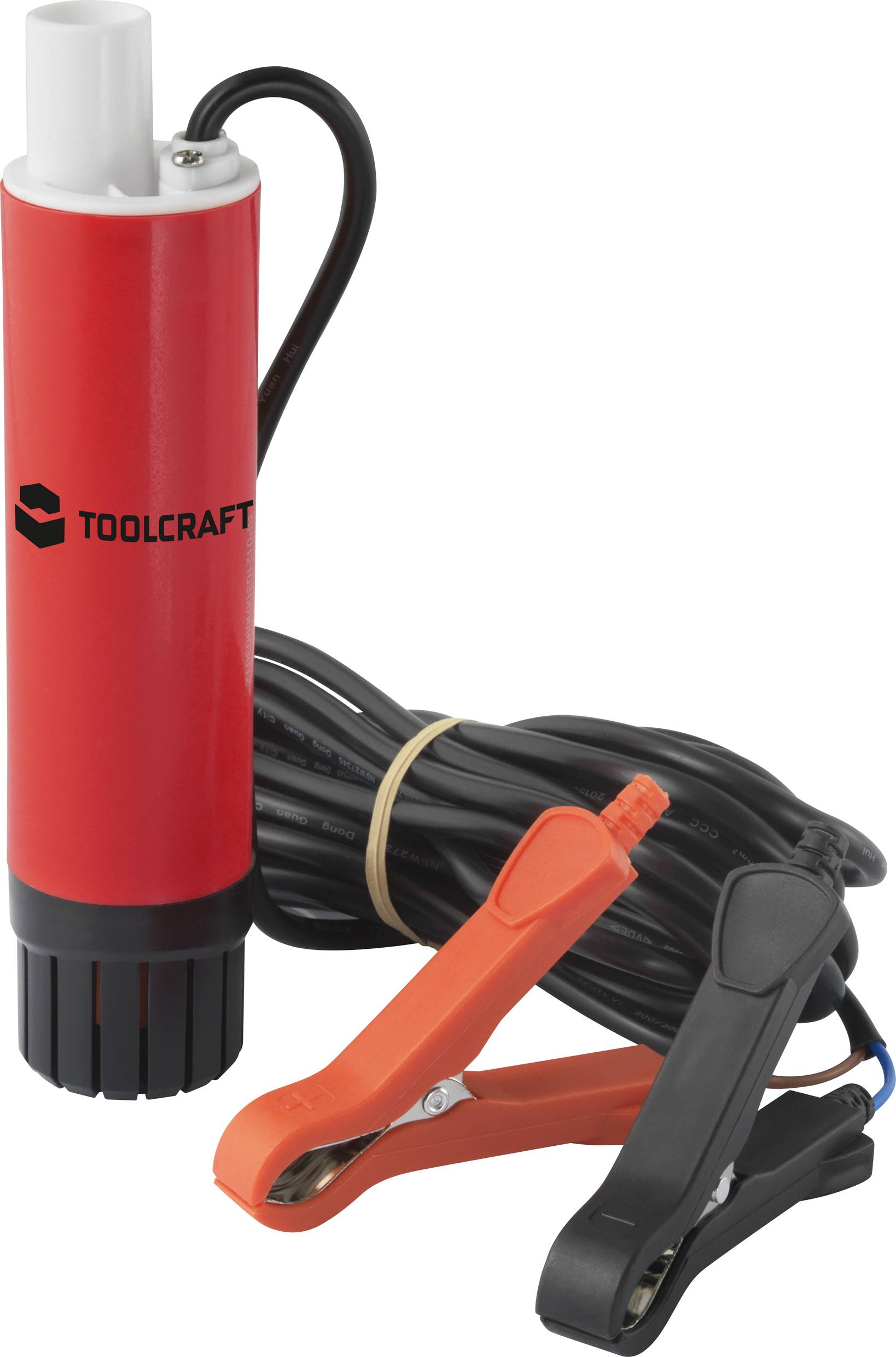 Pompe submersible avec corps rouge et câble, équipée de bornes noires et rouges pour les connexions de batterie.