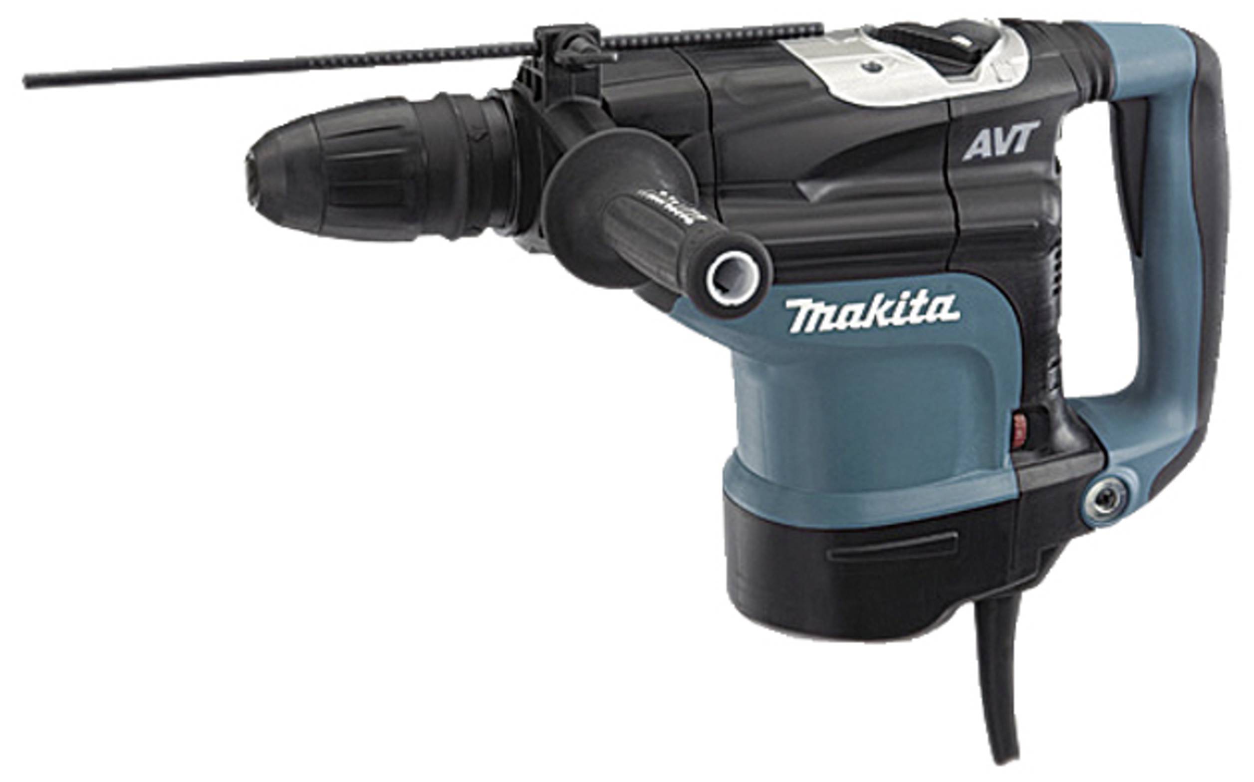 Un marteau-piqueur Makita bleu et noir. L'appareil dispose d'une poignée ergonomique, d'un câble et convient aux travaux de perçage intensifs.