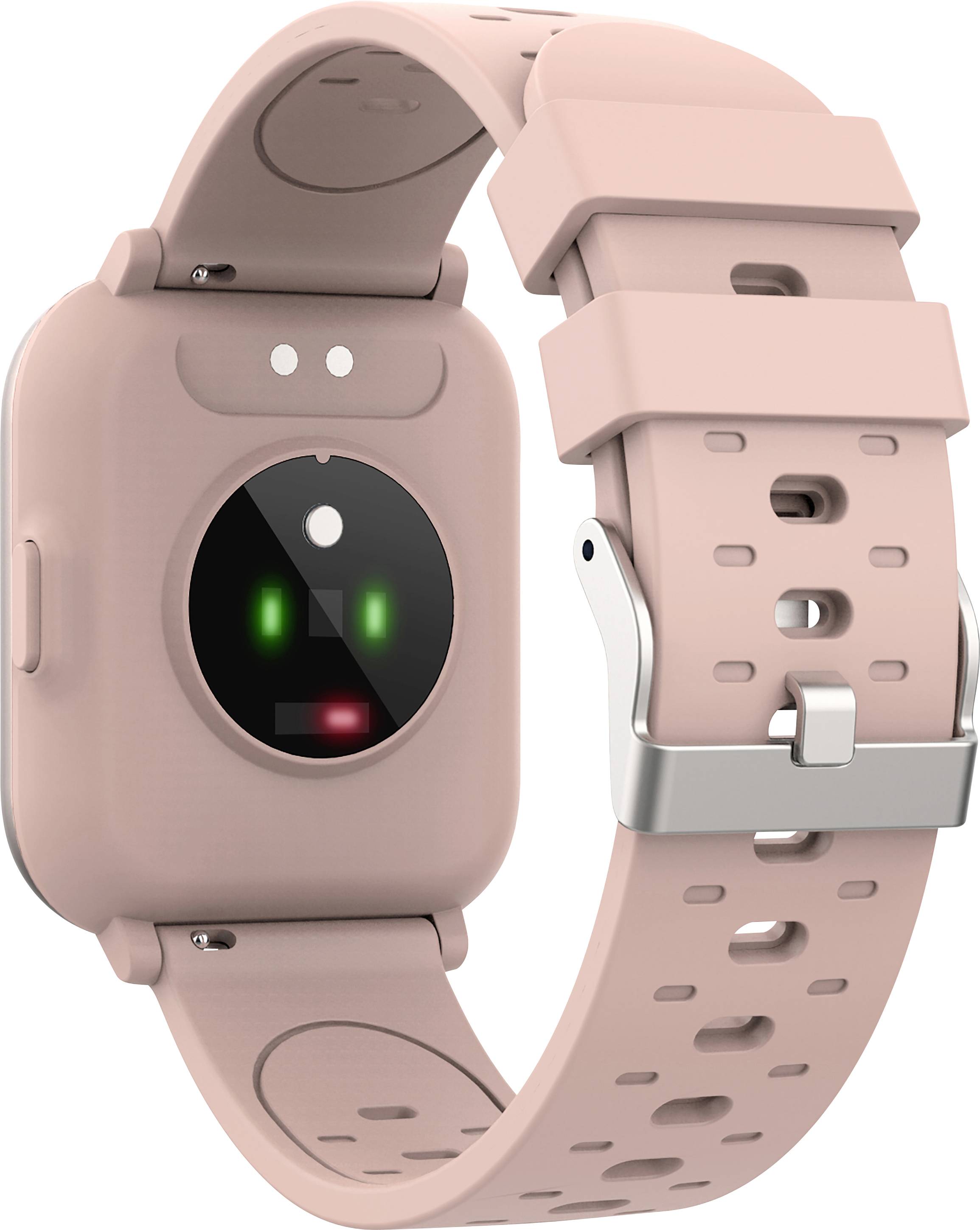 Une montre connectée rose avec une fermeture argentée. Des capteurs de surveillance de la santé sont visibles à l'arrière.