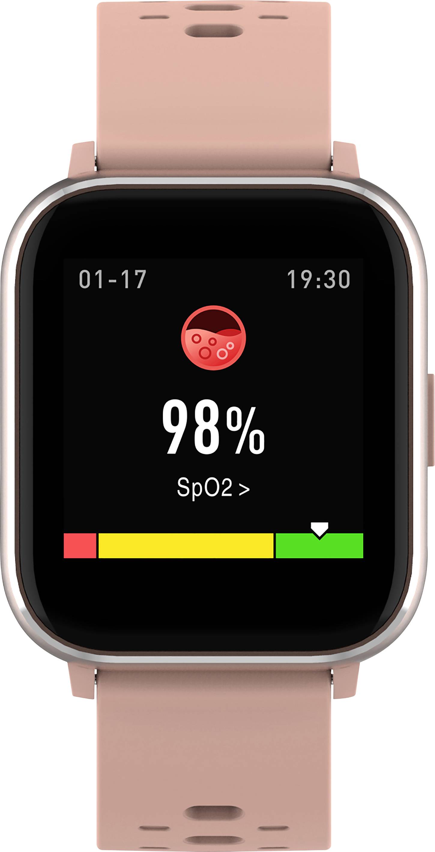 Montre connectée avec bracelet rose affichant '98% SpO2' sur son écran. En haut à gauche, la date '01-17', à droite '19:30'. Une icône de goutte de sang est visible.