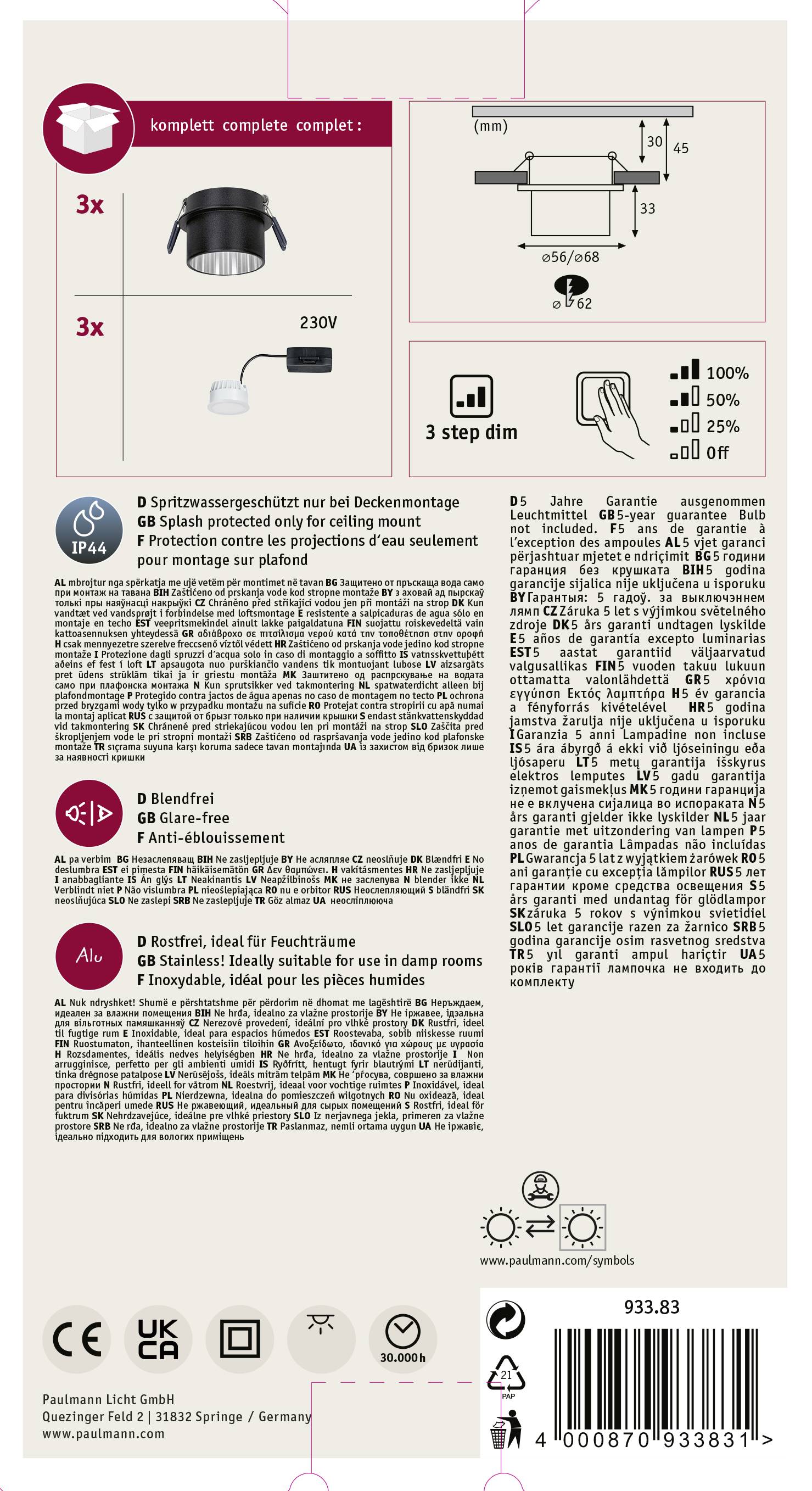 Ensemble de 3 luminaires encastrables, 230V, variateur 3 niveaux, convenant à une utilisation intérieure. Comprend un manuel de montage et des informations de sécurité.