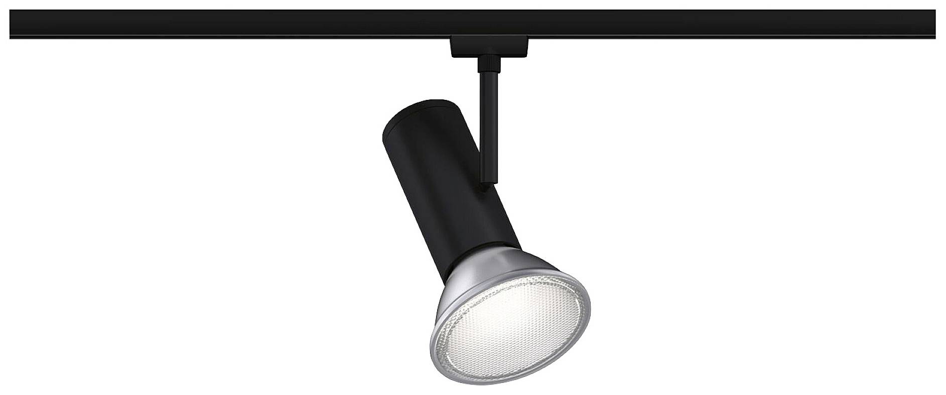 Spot de plafond noir avec bordure argentée, orientable, idéal pour un éclairage ciblé dans les espaces de vie contemporains.