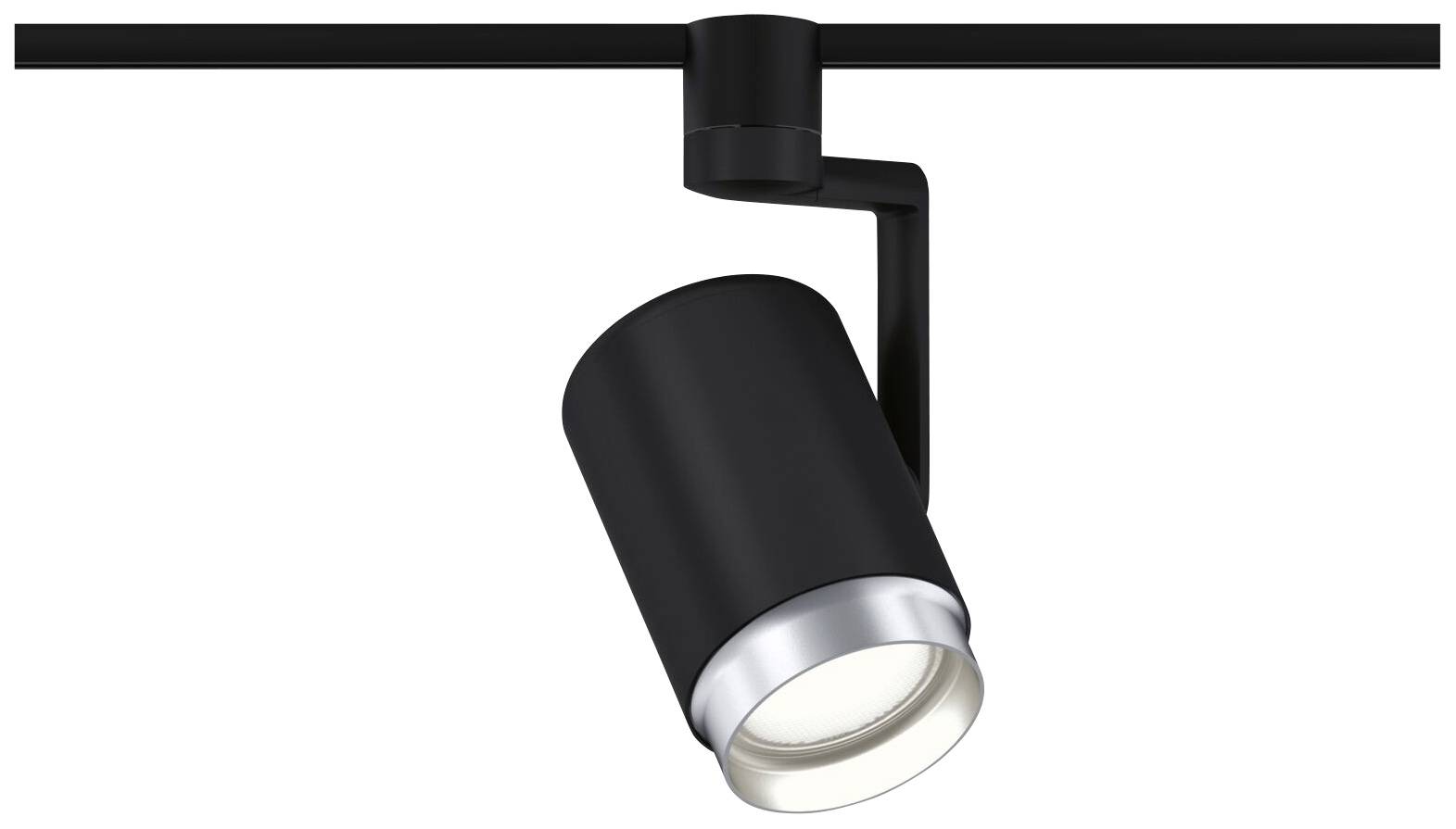 Un projecteur LED noir à boîtier cylindrique, monté sur rail et orientable, offrant un éclairage flexible dans des espaces contemporains.