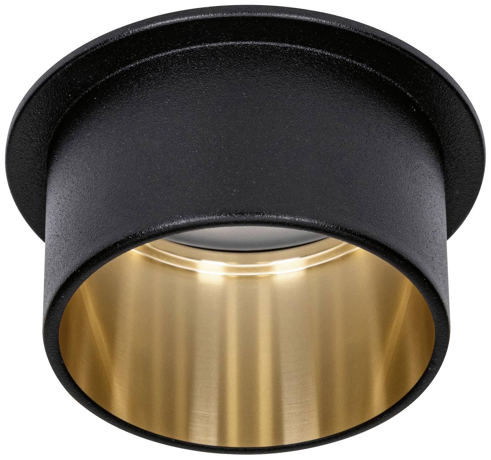 Applique de plafond cylindrique noire avec réflecteur intérieur doré.