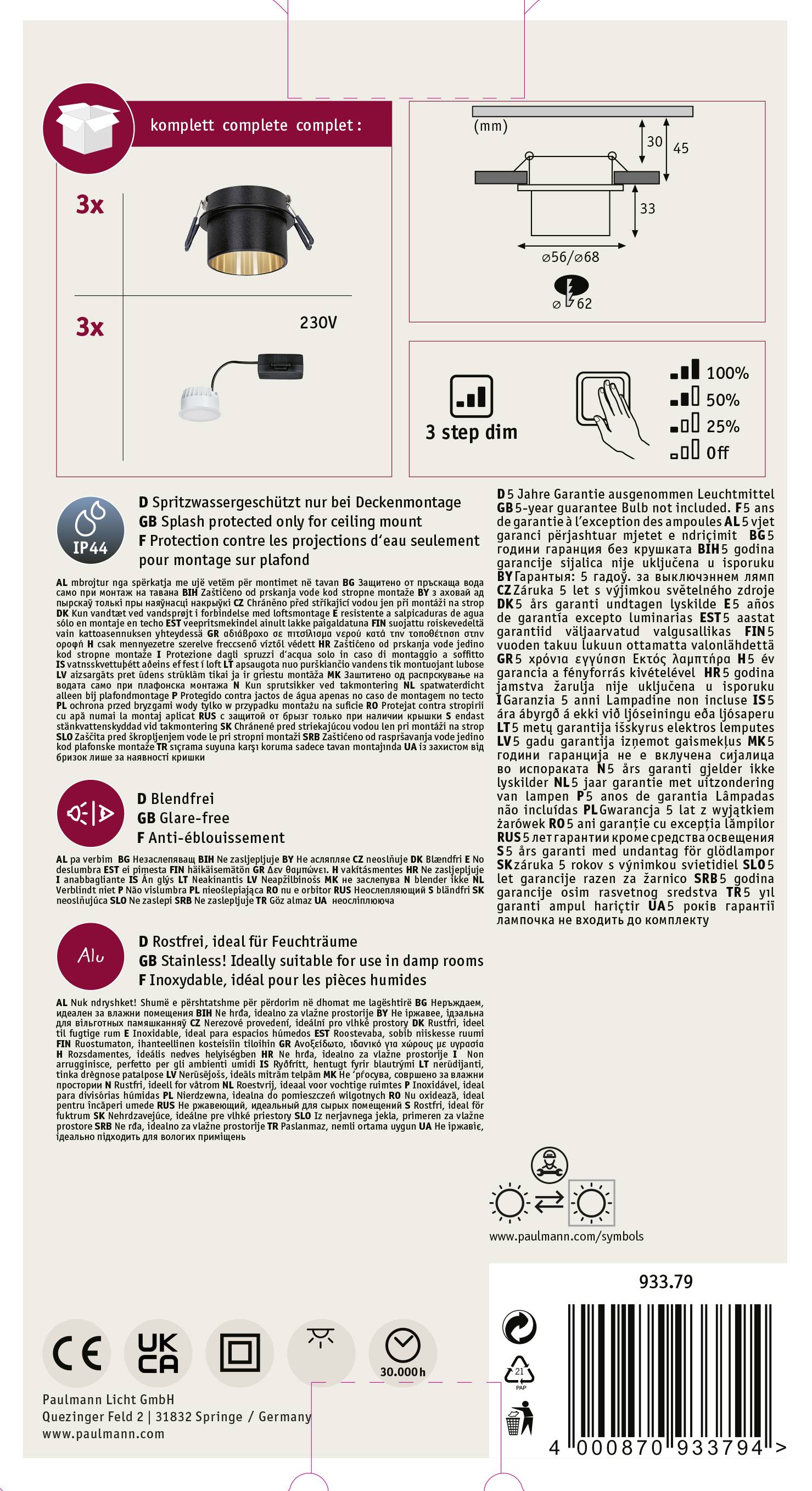 Emballage du produit : Luminaire de plafond encastrable LED avec protection contre les projections d'eau. Détails sur les dimensions, la fonction de variation et la classe de protection au verso.