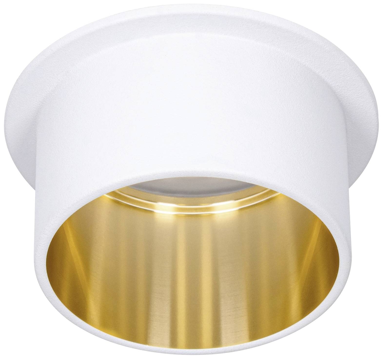Luminaire plafonnier cylindrique blanc avec surface intérieure dorée. Le luminaire éclaire vers le bas et assure un éclairage directionnel dans une pièce.