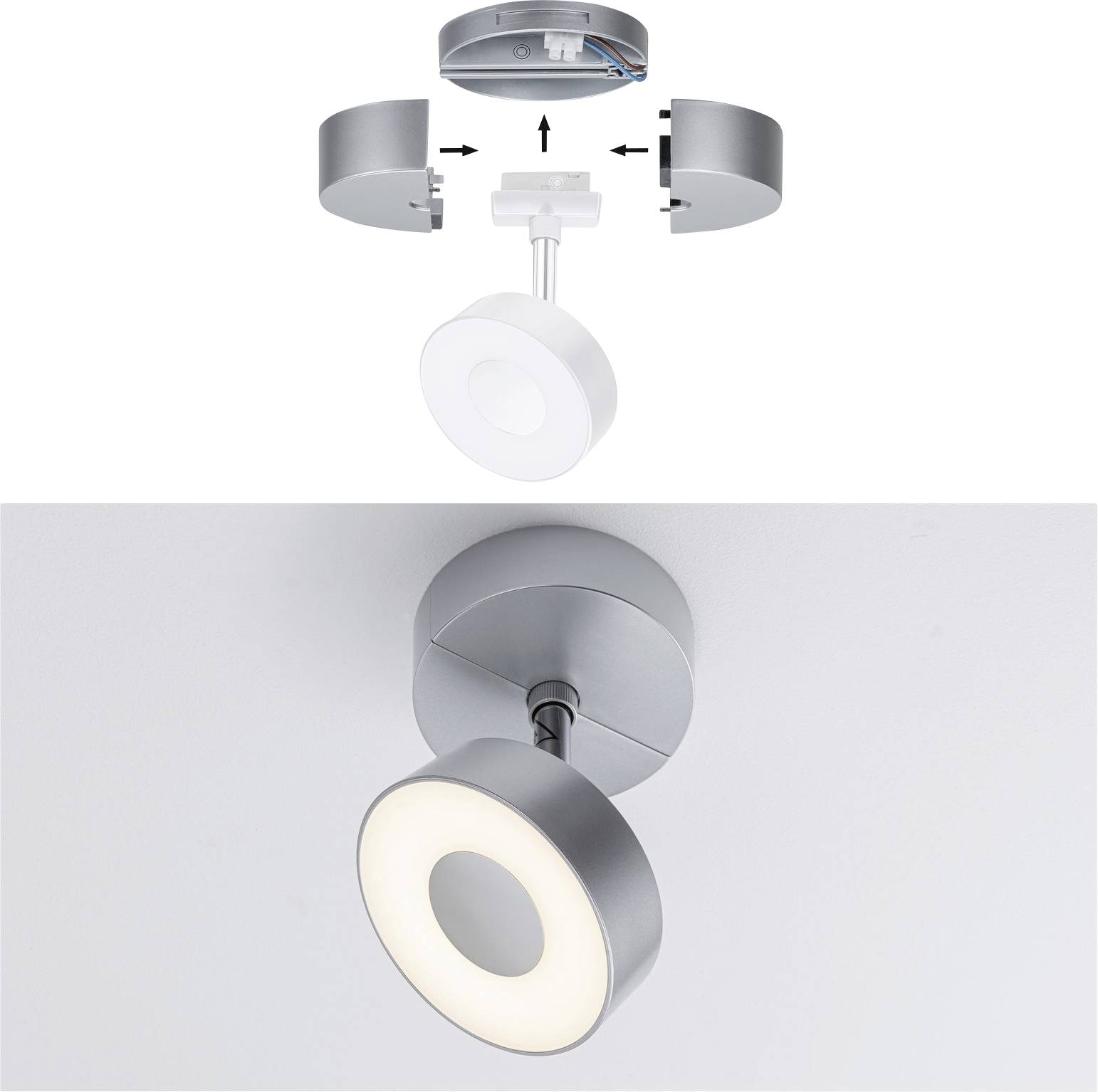 Montage du plafonnier : L'illustration ci-dessus montre les étapes de l'assemblage, et en dessous, un luminaire installé et allumé.