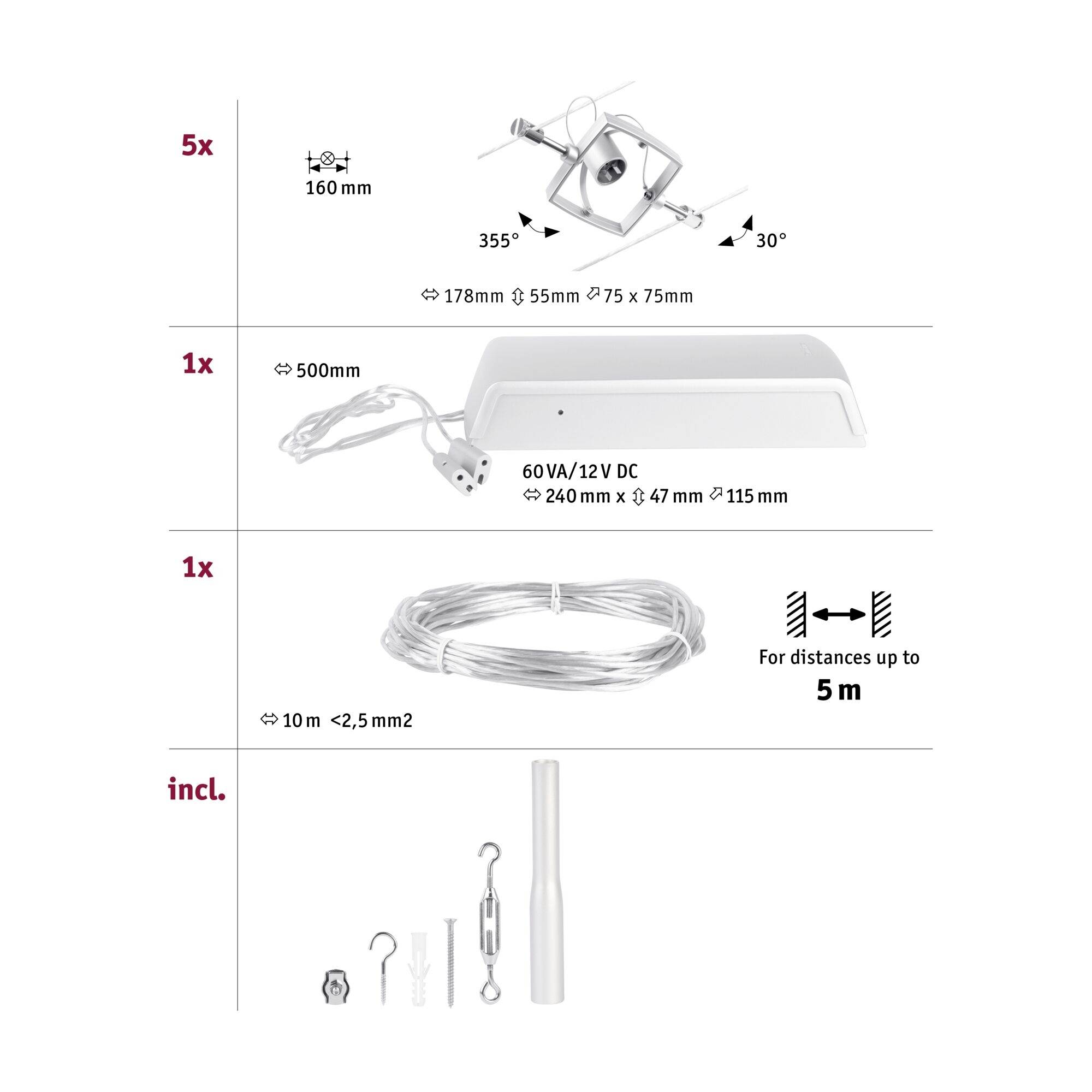 'Le kit de base comprend : 5 spots, 1 transformateur, 1 câble (10m), accessoires pour installations jusqu'à 5m.'
