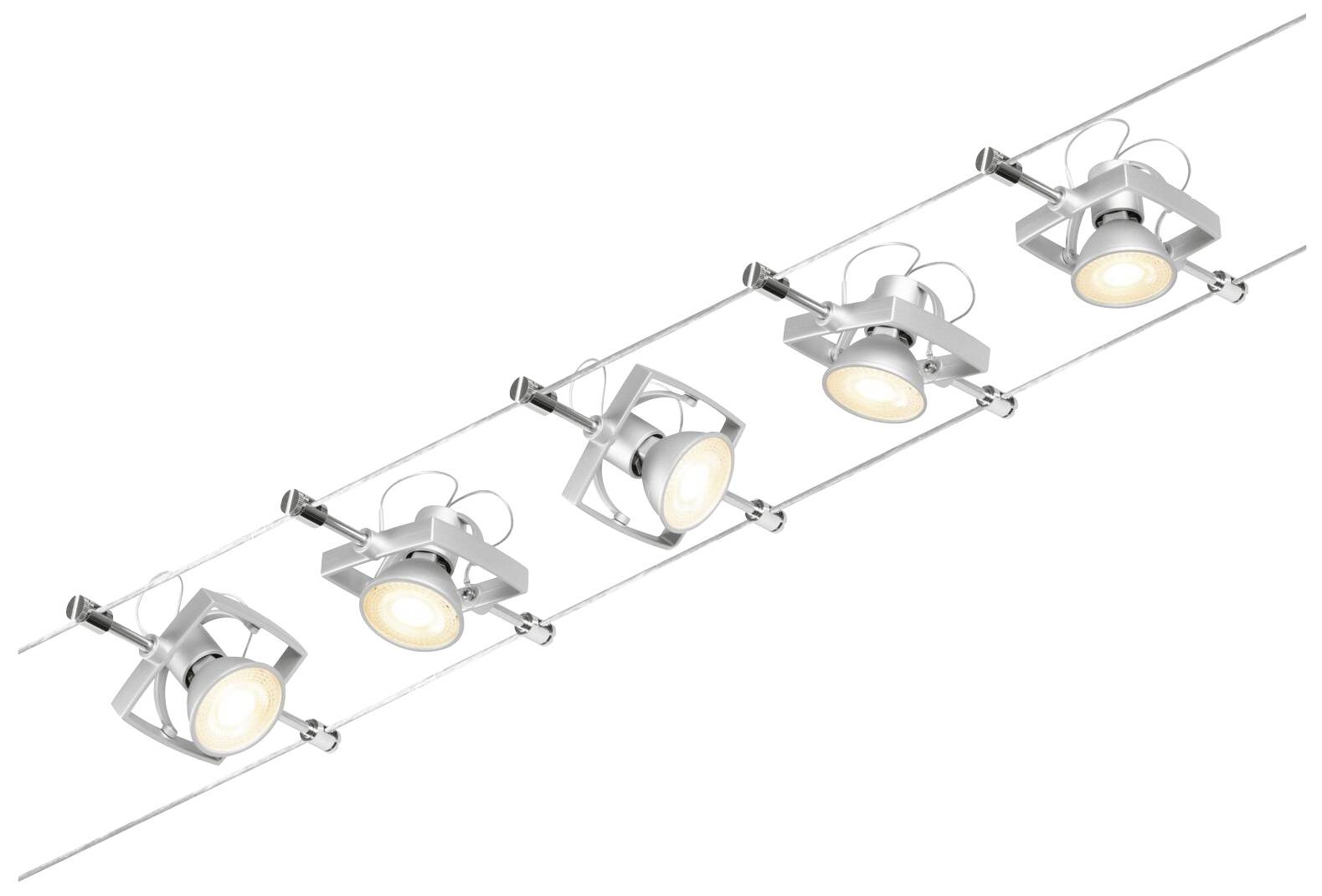 Cinq projecteurs argentés sont installés uniformément le long d'un rail de câbles et émettent une lumière blanche chaleureuse.