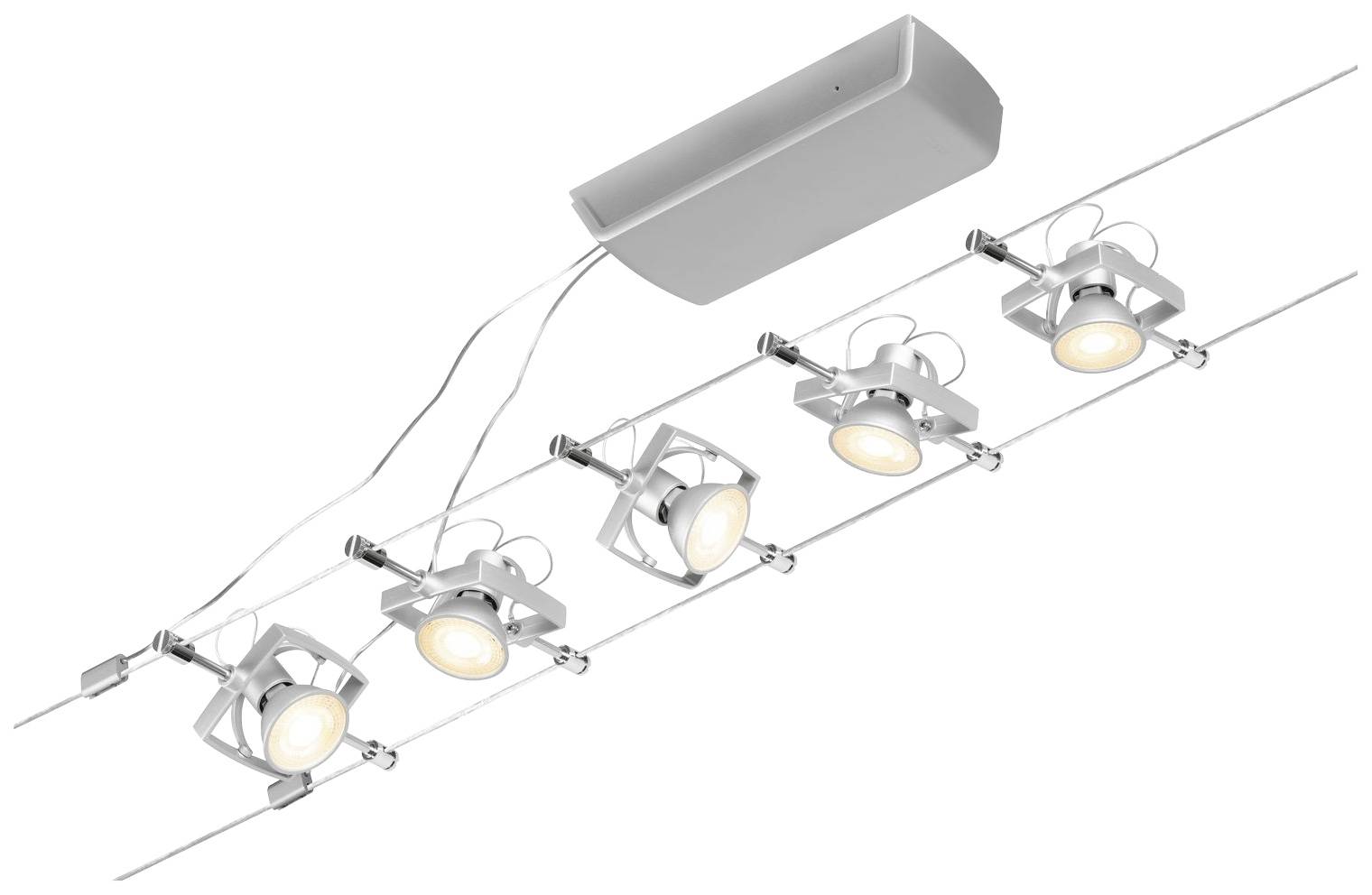 Plafonnier avec cinq spots réglables dans un design moderne argenté. Adapté à l'éclairage des espaces intérieurs.