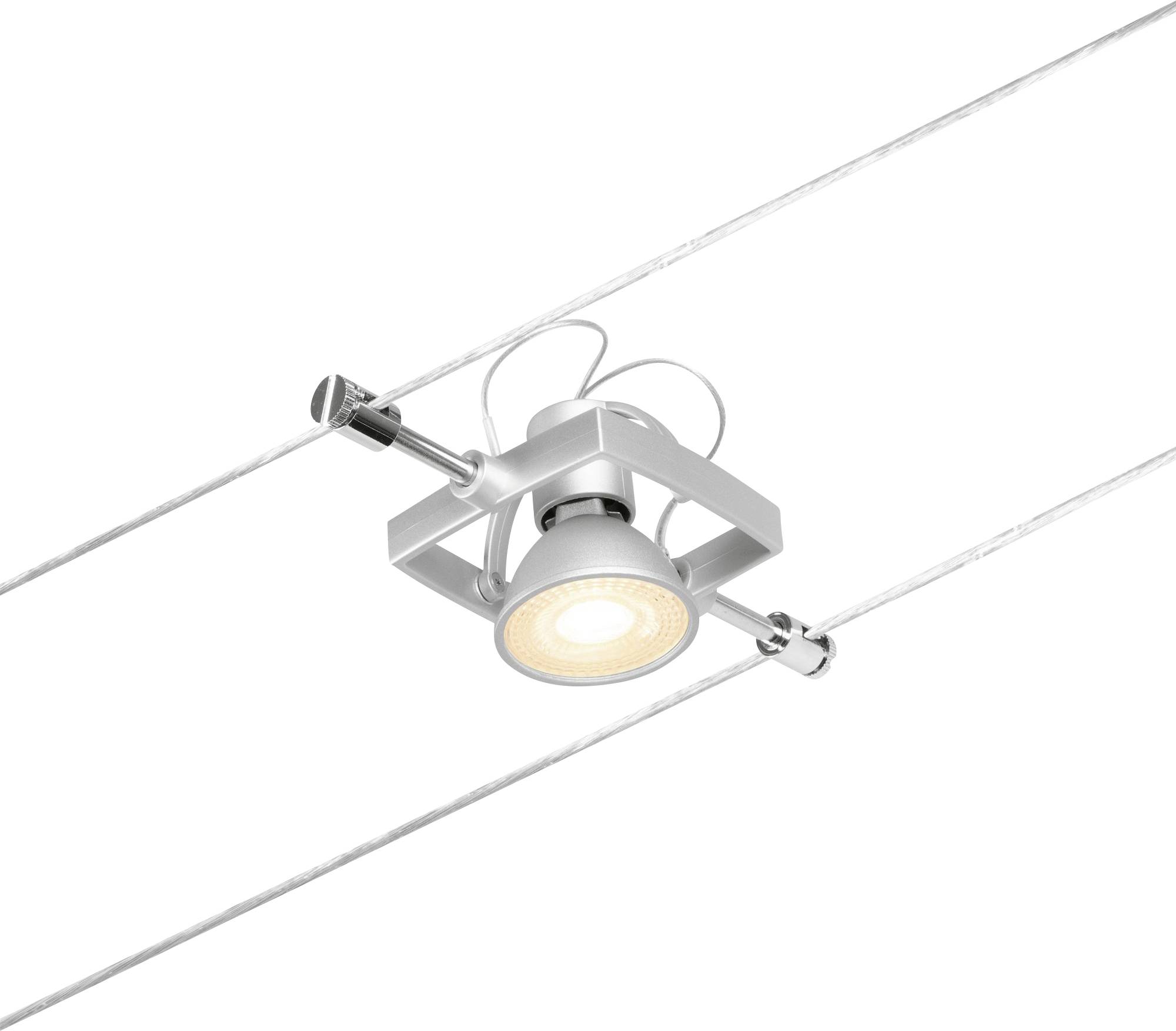 Plafonnier argenté suspendu à deux câbles électriques, design moderne, émettant une lumière blanche éclatante.