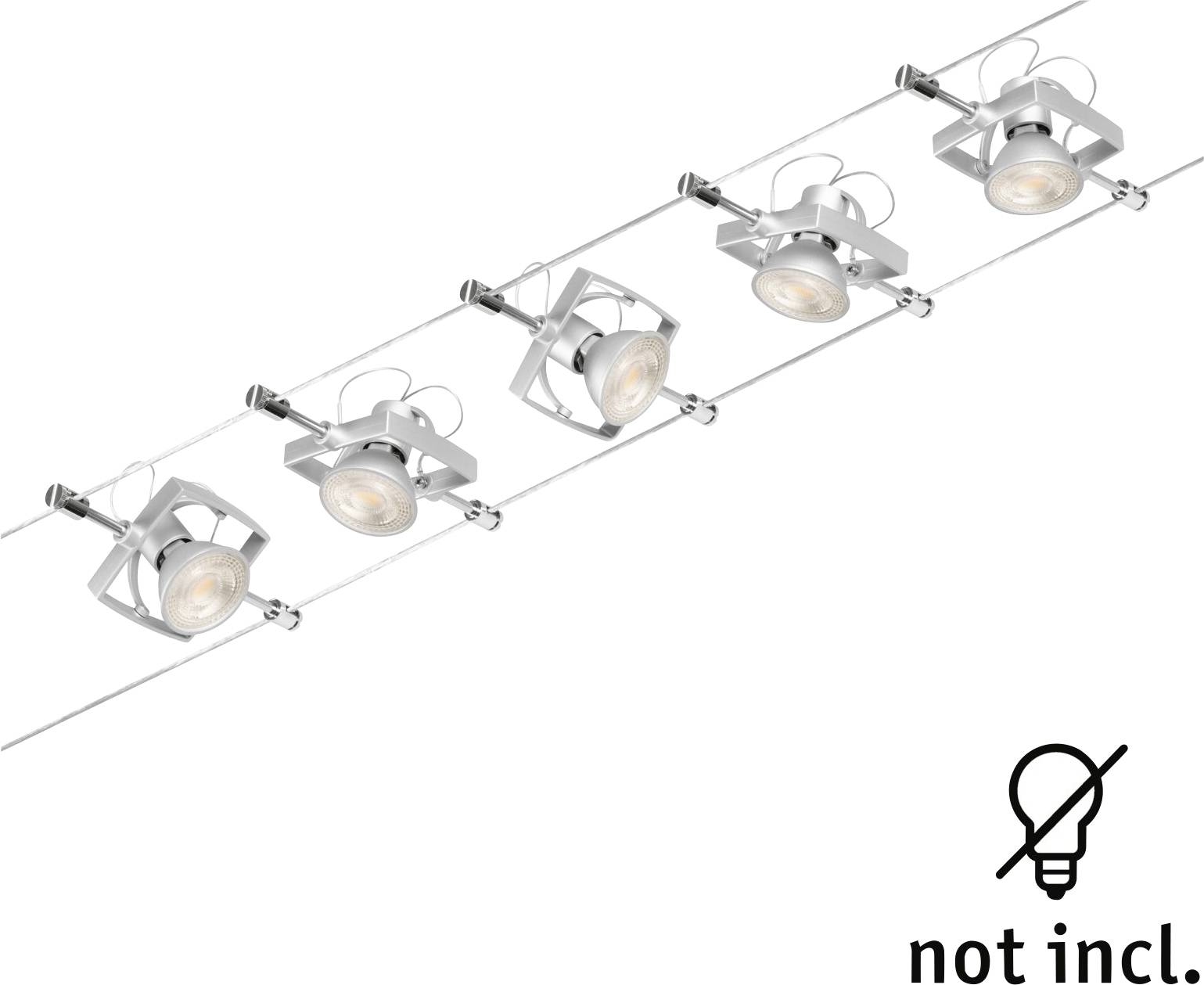 Cinq spots de plafond sur rail, couleur argent. Note indiquant que les ampoules ne sont pas incluses.