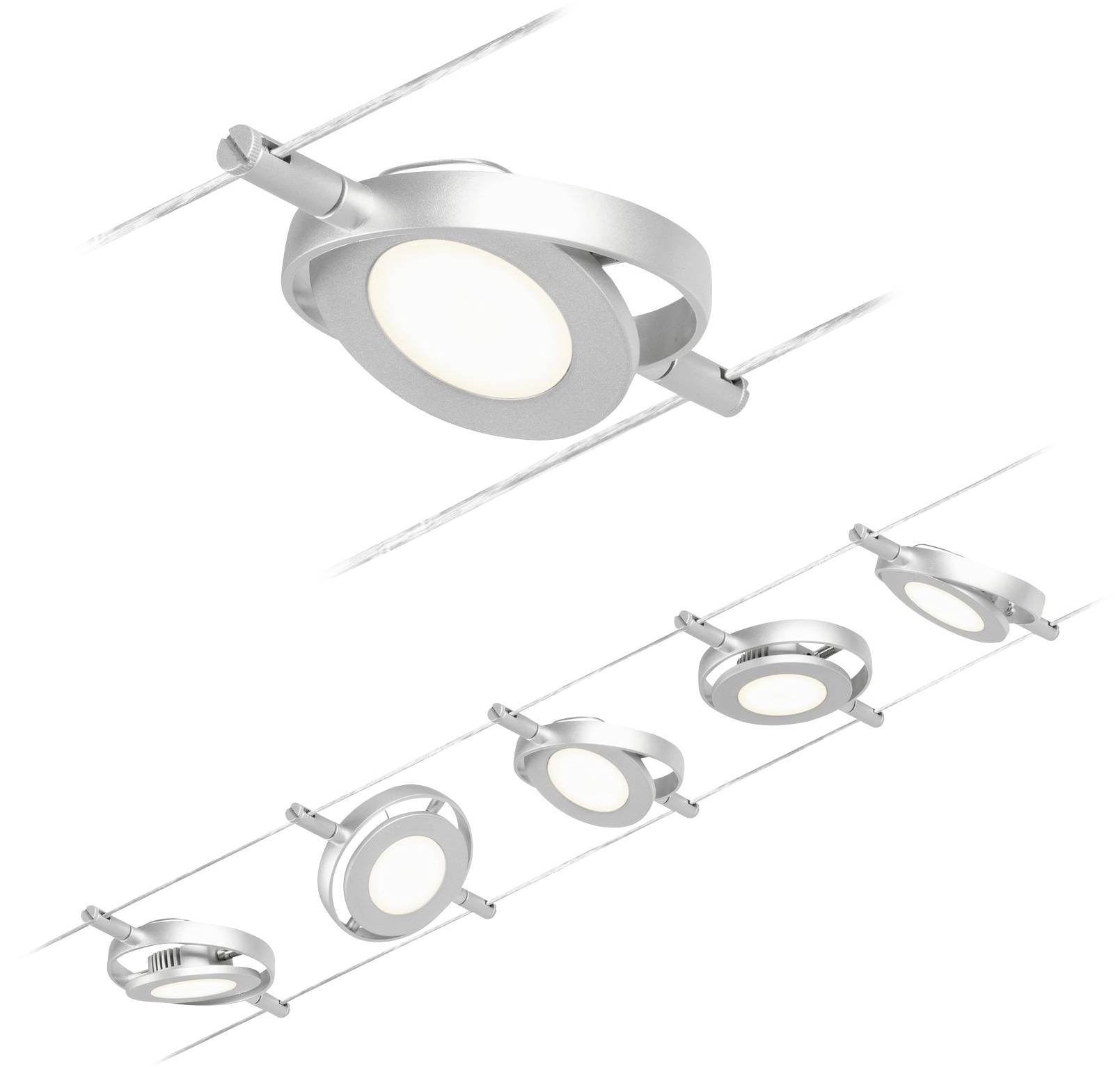 Plafonnier LED moderne disposé en rangée de cinq, structure argentée, design circulaire, s'illuminant brillamment sur des rails câblés.
