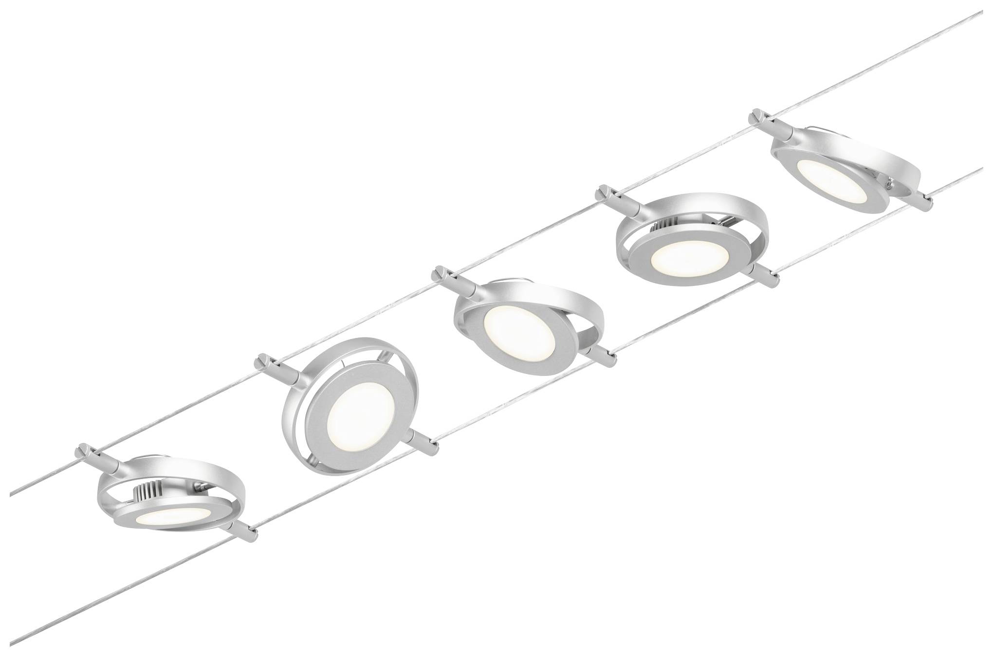 Plafonnier argenté à LED avec cinq spots ronds et orientables, montés sur une rail élancée et moderne, assurant un éclairage uniforme de la pièce.