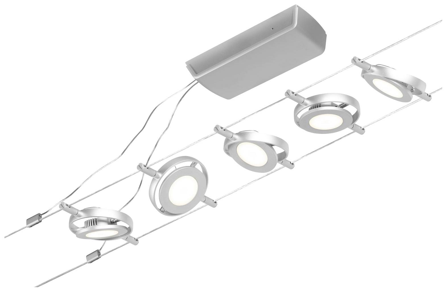 Plafonnier moderne en argent avec cinq spots LED ronds suspendus à des câbles réglables. Idéal pour un éclairage uniforme de la pièce.