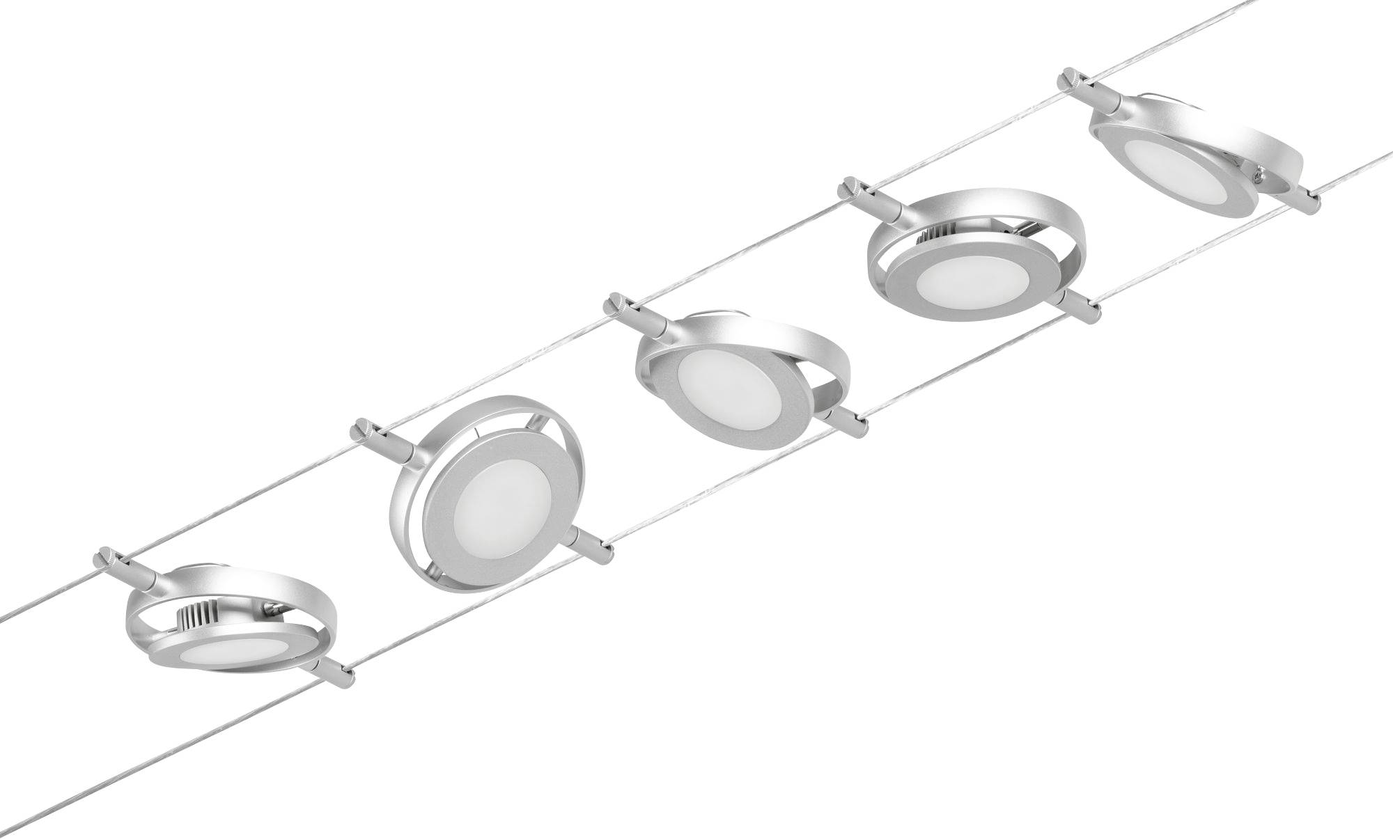 Une série de cinq luminaires de plafond modernes et circulaires, montés sur deux câbles parallèles, avec des supports de couleur argent.