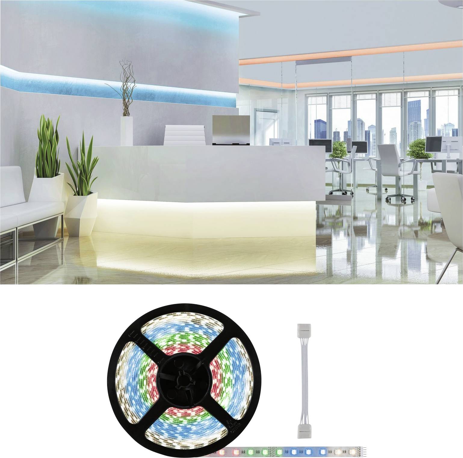 Espace d'accueil moderne avec éclairage LED ; comptoir blanc, plante à gauche ; en dessous, un rouleau de lumières LED colorées avec télécommande.