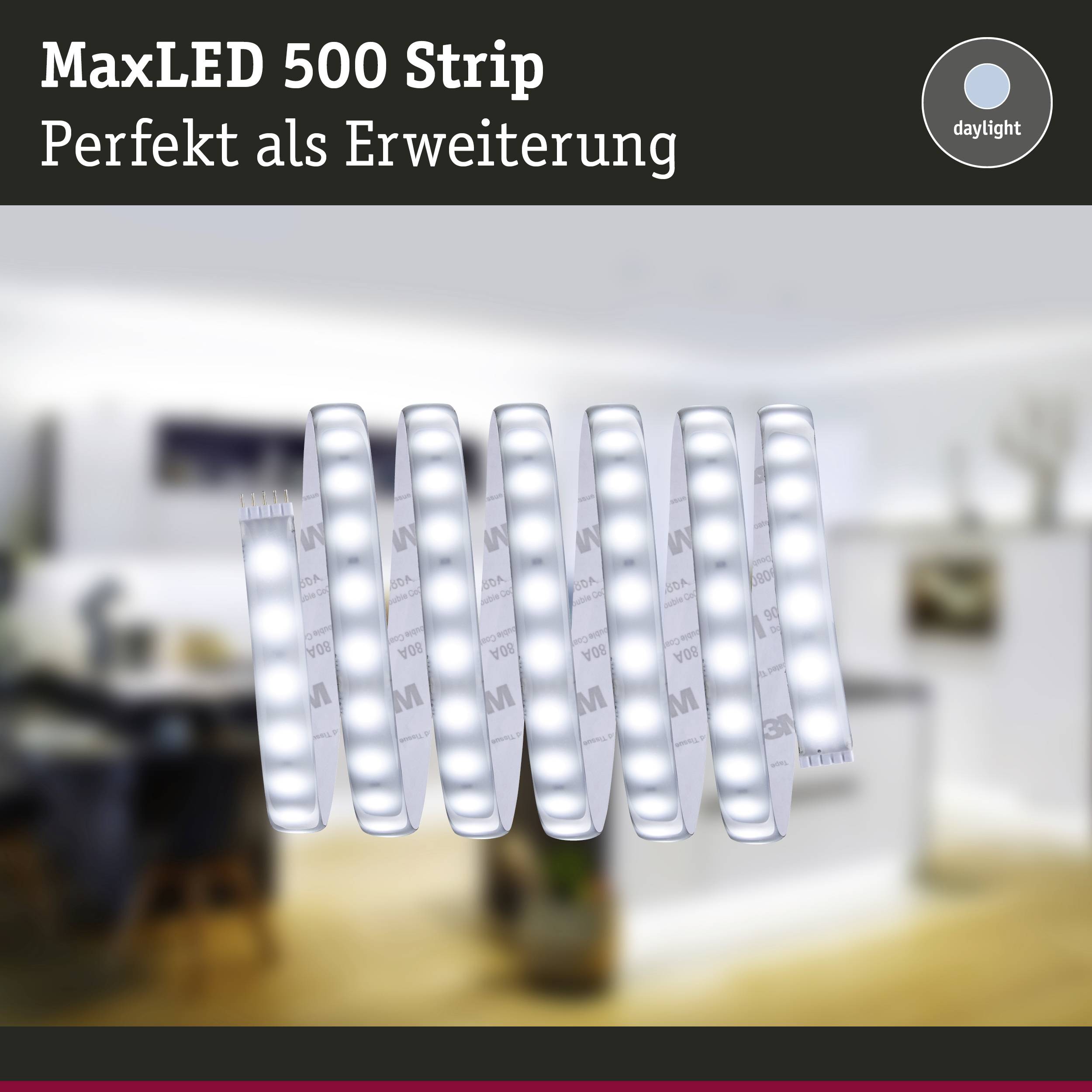 Bande lumineuse MaxLED 500 dans une pièce, promue comme 'Parfaite en tant qu'extension' avec un symbole représentant la lumière du jour.