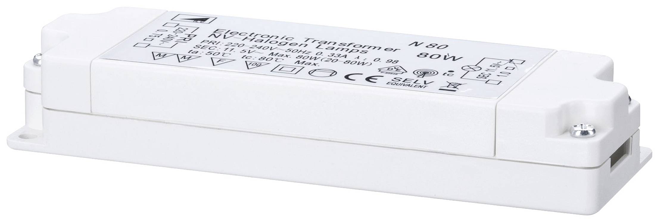 Un transformateur électrique blanc avec des étiquettes et des informations du fabricant sur le dessus. Adapté pour 80 watts.