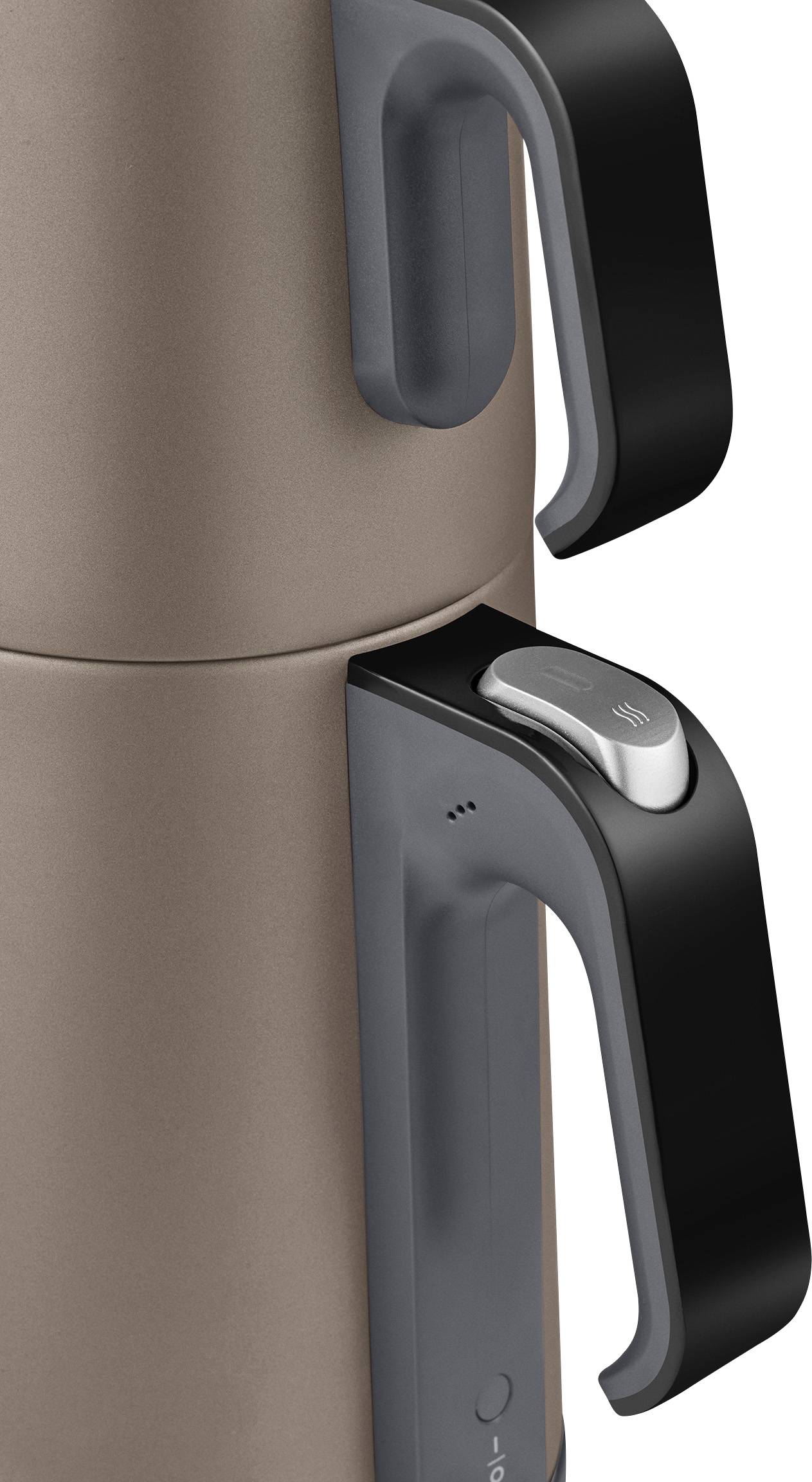 Contenant thermos brun avec poignée et couvercle noirs. L'accent est mis sur le design détaillé de la poignée.